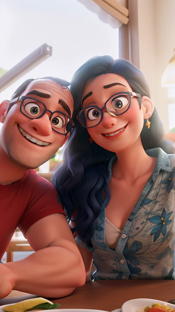 Disney Pixar style couple with glasses smiling in restaurant, alta qualidade, melhor qualidade