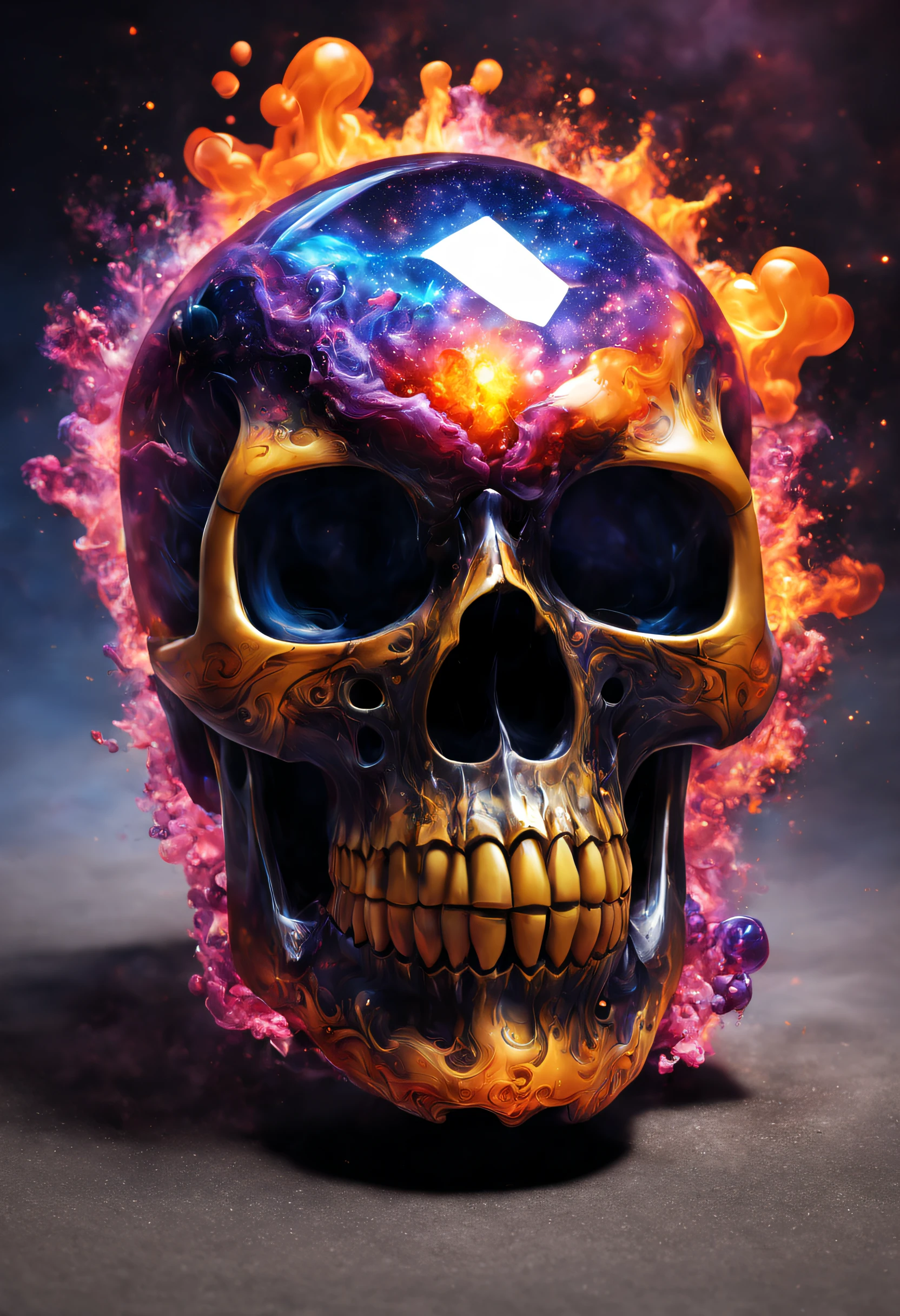 A realistic colored glass skull, beautiful and detailed. Which explodes when falling to the ground, the projections are textured like lot of colorful dreaming dust and Lava and fire Explosion. The galaxy is visible