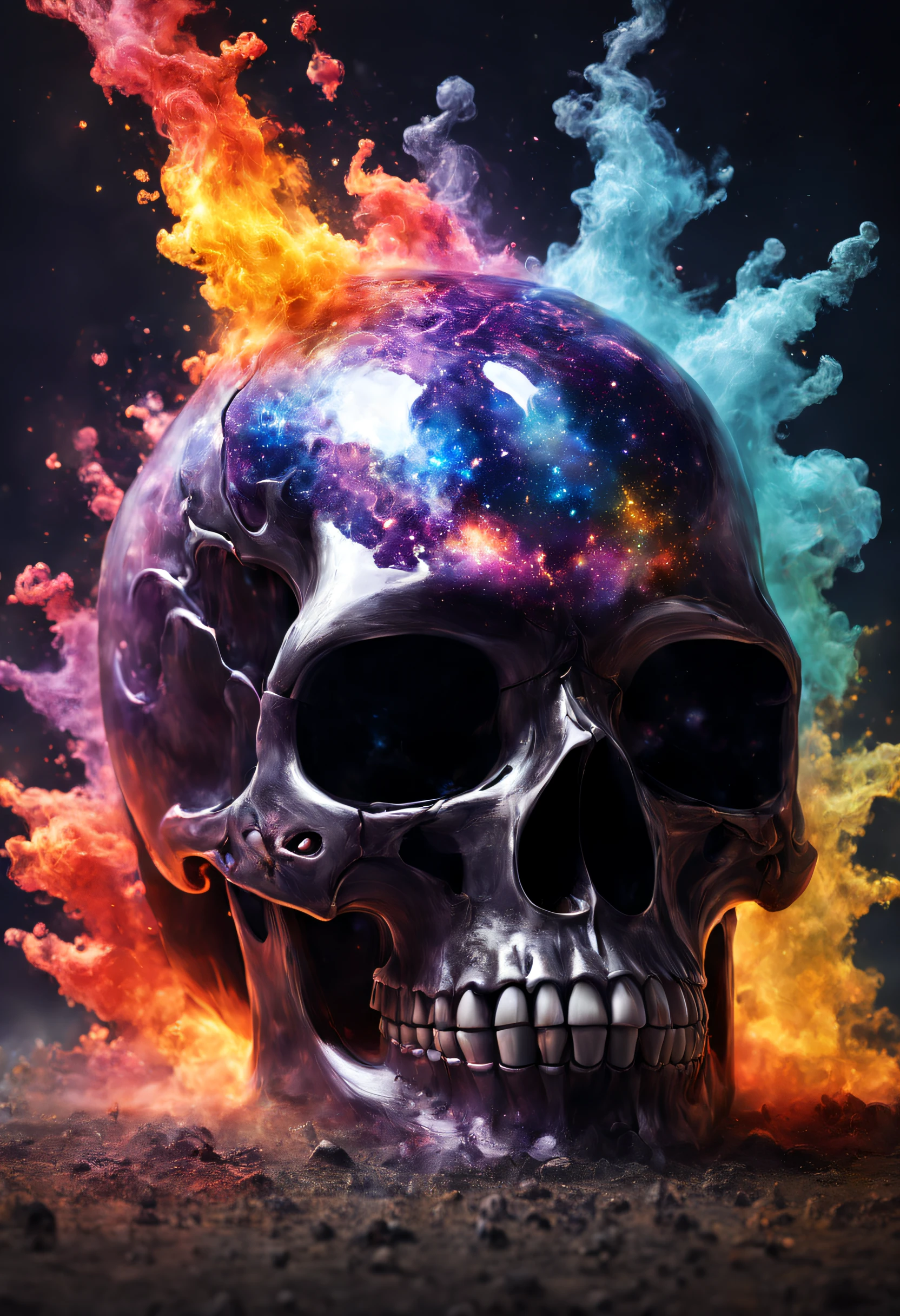 A realistic colored glass skull, beautiful and detailed. Which explodes when falling to the ground, the projections are textured like lot of colorful dreaming dust and Lava and fire Explosion. The galaxy is visible