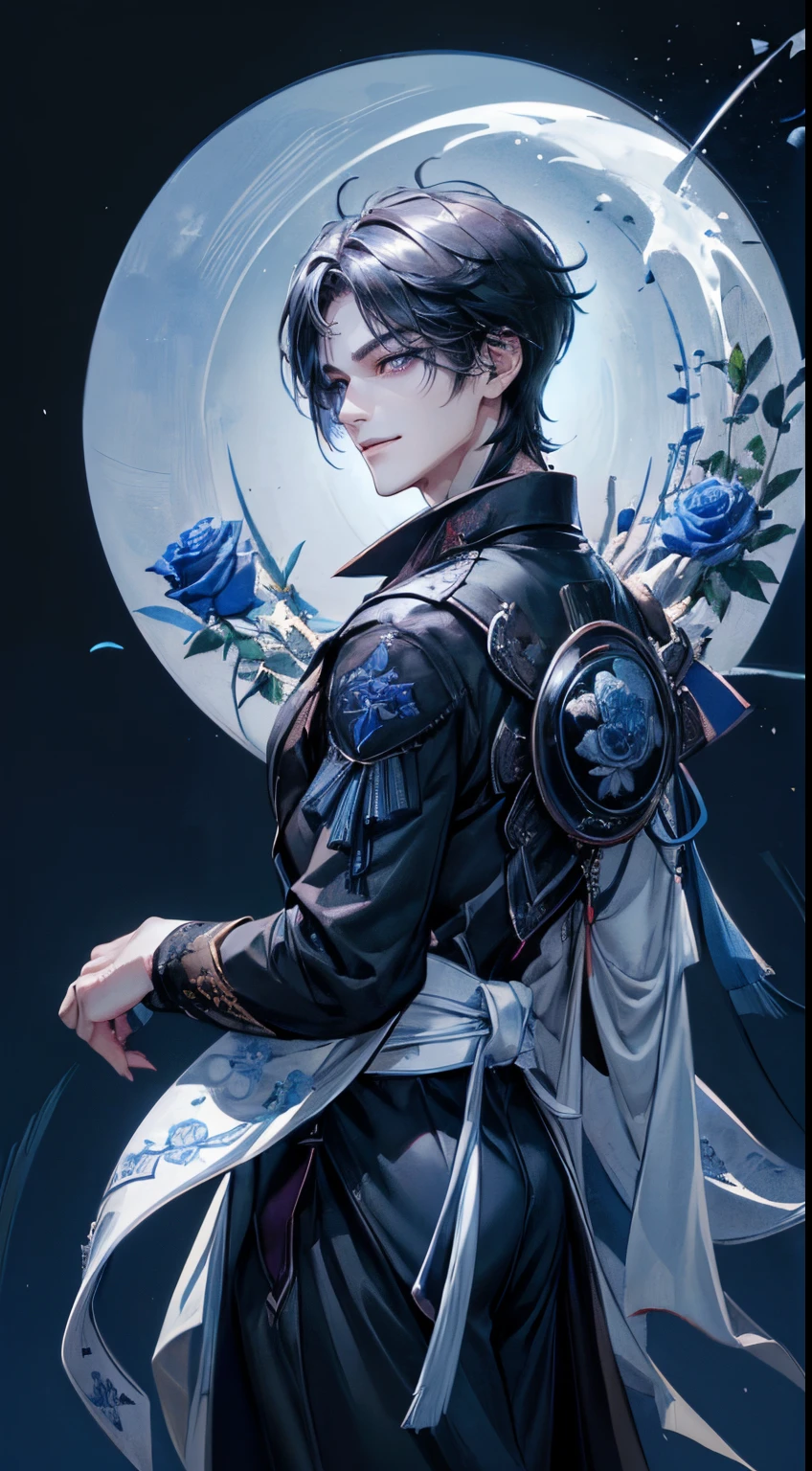 ((4K works))、masterpiece、(top-quality)、((high-level image quality))、((One beautiful man))、athletic body、(Detailed beautiful eyes)、((blue roses and crows on fantastic black background))、((Face like Gojo Satoru))、((short-haired))、(((white hair)))、((Strong jawline))、((Neutral face))、((blue Eyes))、((japanese Male))、((18year old))、((wild boy))、((Show your teeth and smile))、((Korean makeup with black eyeshadow))、((elongated and sharp eyes))、(((Shot alone)))、((Shot diagonally from the side))、Vampire Pose