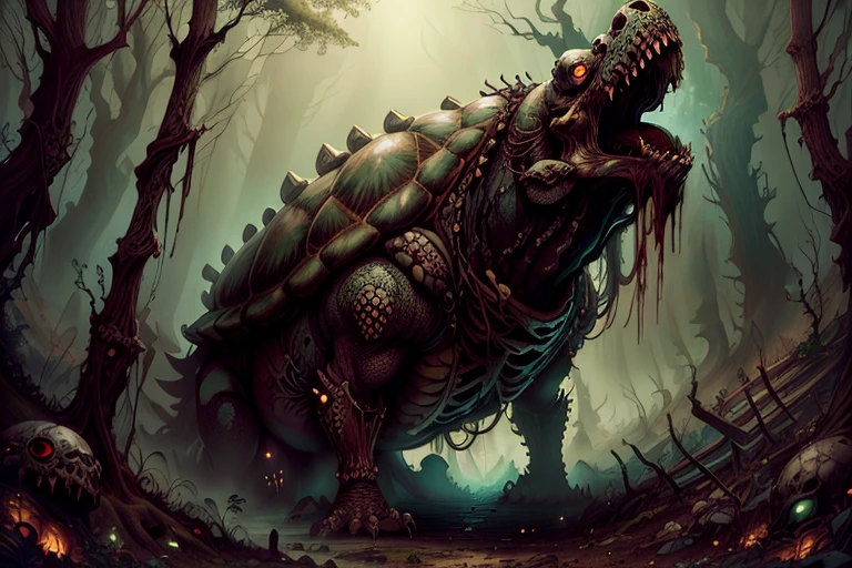 (masterpiece), atmospheric perspective, super detail, (best quality). (worldofundead), (colossal-monster:1.6), (undead turtle), skeletal, rotten flesh, rotting, blood, gore. in the deep forest, undead forest, (emerald mist), fog, EdobHorrorLandscape