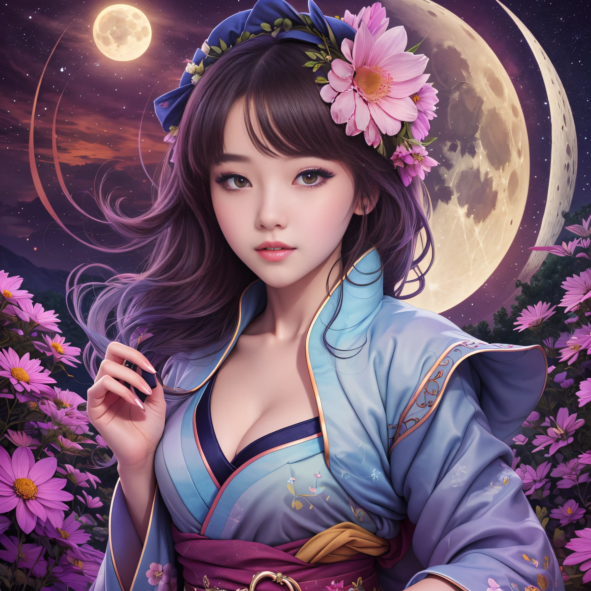 best quality, high_resolution, distinct_image, detailed background ,girl, hanbok,flower,garden,moon, night, cleavage, loose fit