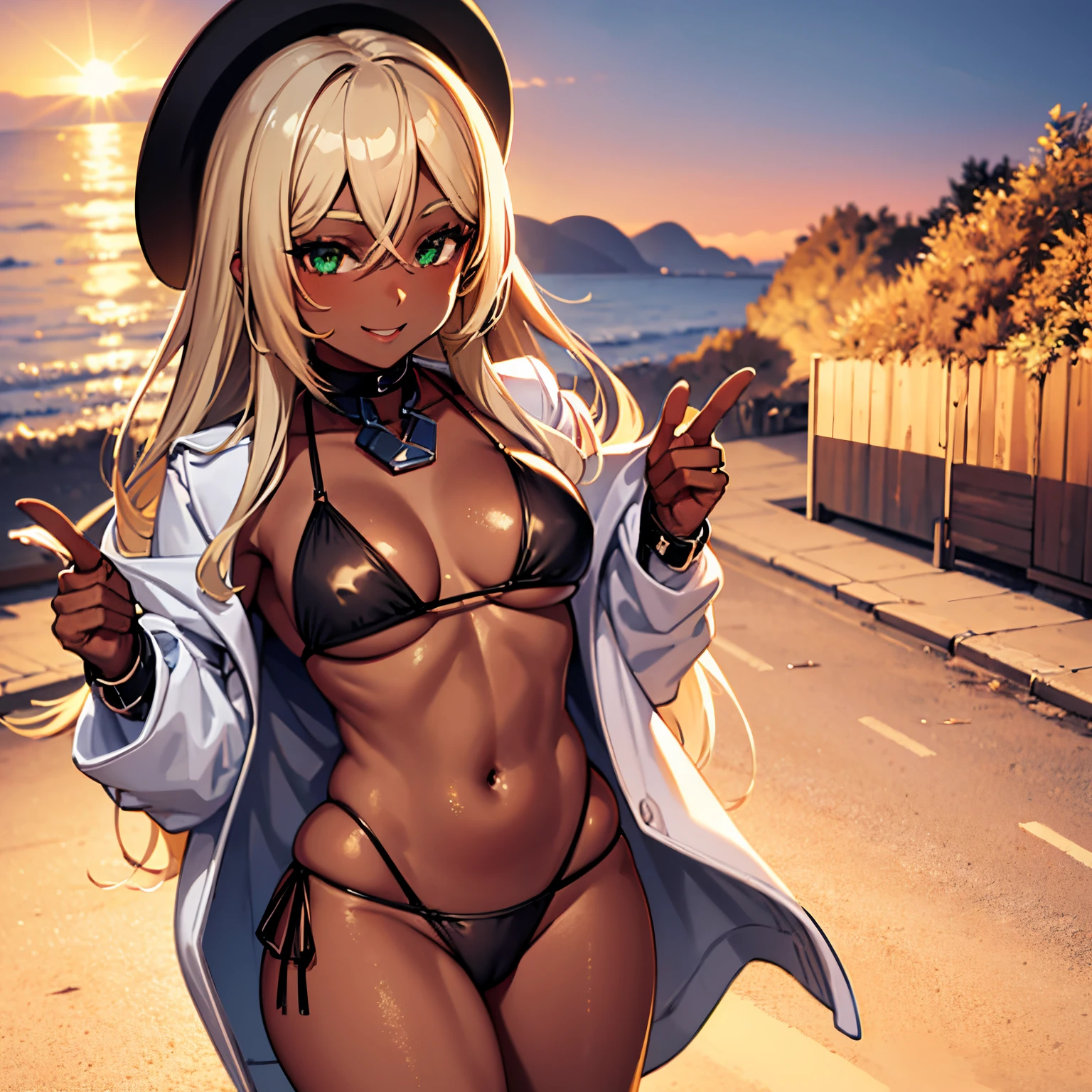 1Young girl, black skin, blonde hair, long hair, green eyes, wearing a white jacket, white hat, black bikini, smiling, in a beach, sunset, 4k, mastepriece, gyaru,