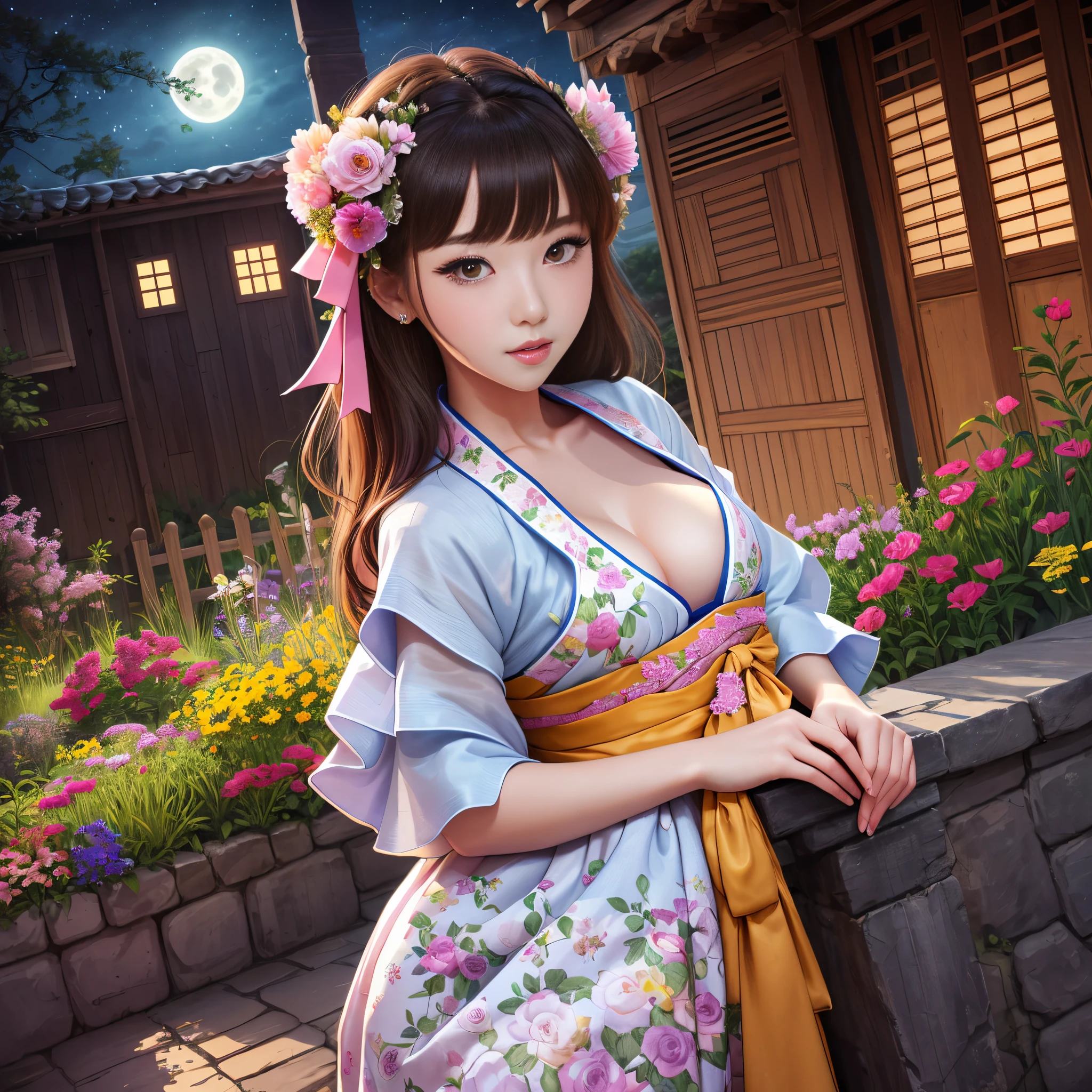 best quality, high_resolution, distinct_image, detailed background ,girl, hanbok,flower,garden,moon, night, cleavage, loose fit