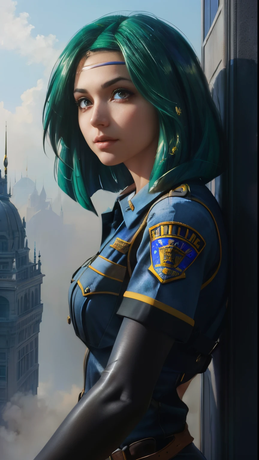 8k portrait of beautiful police girl, green hair, intricate, elegant, highly detailed, majestic, digital photography, art by artgerm and ruan jia and greg rutkowski (masterpiece, sidelighting, finely detailed beautiful eyes: 1.2), hdr,