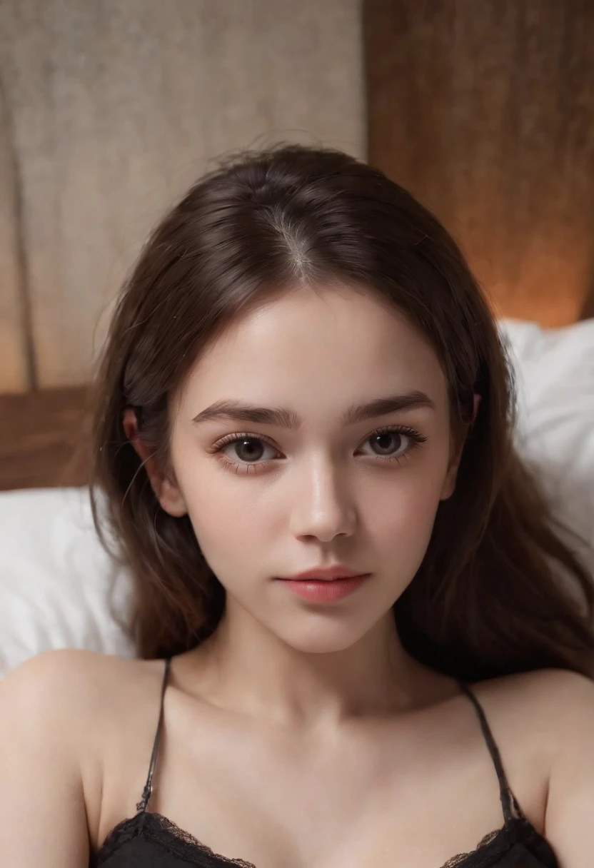 (masterpiece, best quality:1.1), (a selfie of a 1 girl, taken with iphone camera), (nphot, night, dark room, camera flash:1.2), pale skin, skinny, short brown fair, messy hair, no shirt, black thong, lies on the bed, head on the pillow, (top view, top angle:1.2), (detailed skin, detailed skin texture:1.4), POV, looking at the viewer