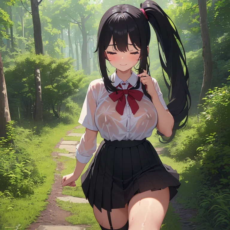 ((1  with sexy school clothes, mini skirt)),((silent breasts)),((happy face, in a forest)),((walking, wet pussy, erect nipples)),((hair very large pubic hair)),((big black hair with a short ponytail, with very large bangs covering the face, eyes closed)),((facing the viewer, in a forest)),