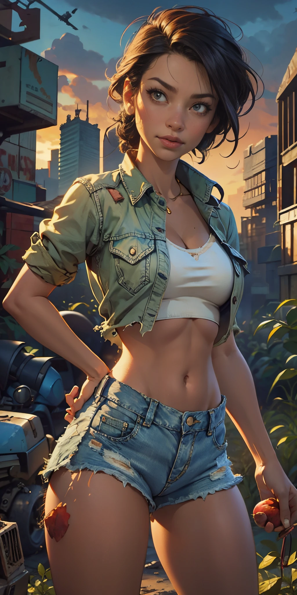 2076 year. N.uh. The Urban Ruins of the Wasteland, Female huntress picking fruit in the garden, torn shirt and denim shorts , sweating through, sun rising, Nice warm colors