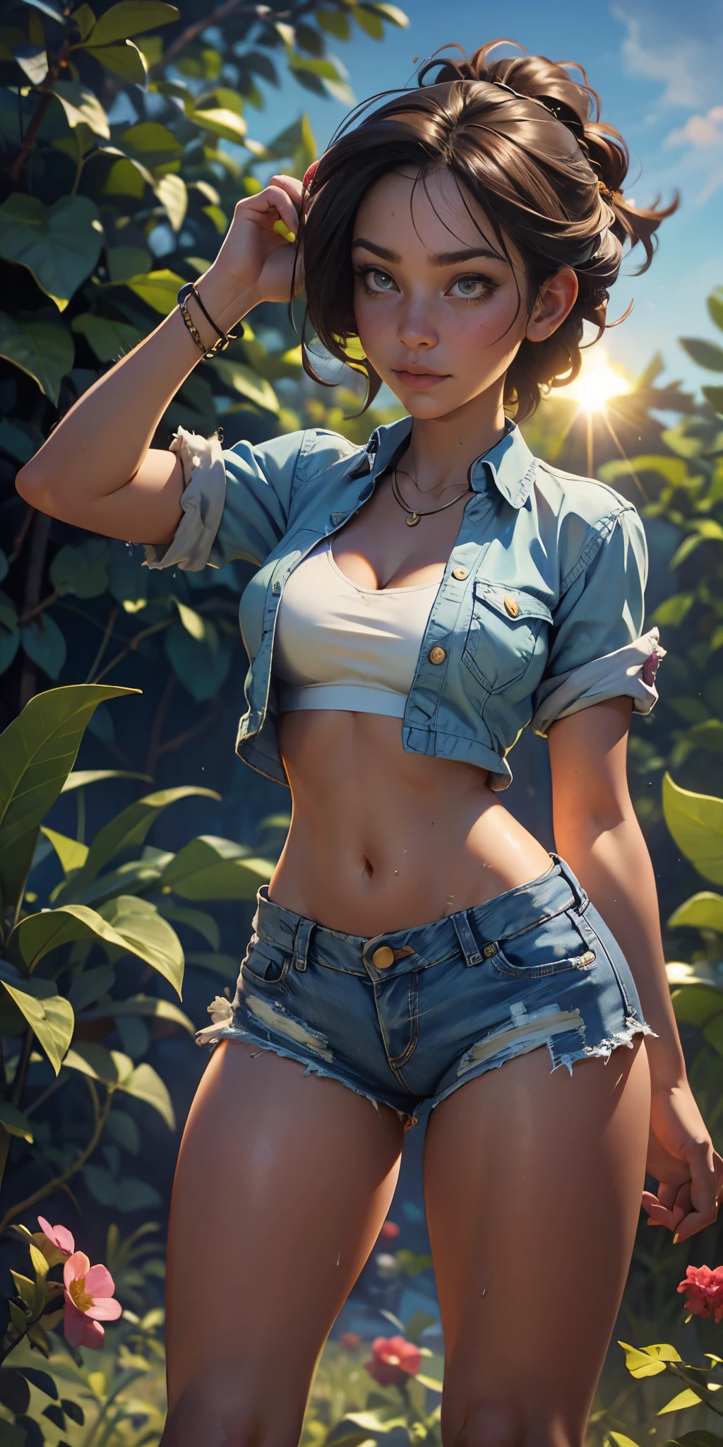 2076 year. N.uh. The Urban Ruins of the Wasteland, Female huntress picking fruit in the garden, torn shirt and denim shorts ,  sweating through, sun rising, Nice warm colors