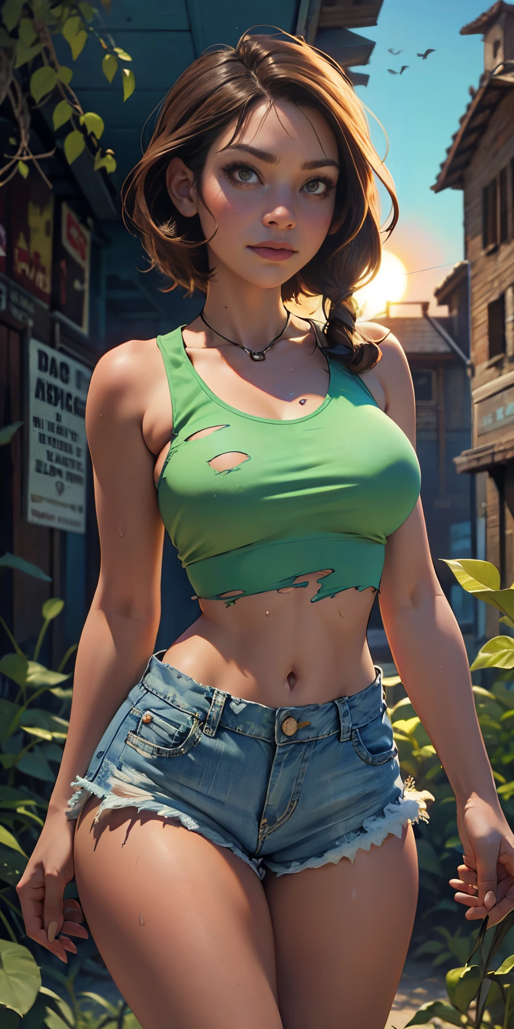 2076 year. N.uh. The Urban Ruins of the Wasteland, Female huntress picking fruit in the garden, torn shirt and denim shorts ,  sweating through, sun rising, Nice warm colors