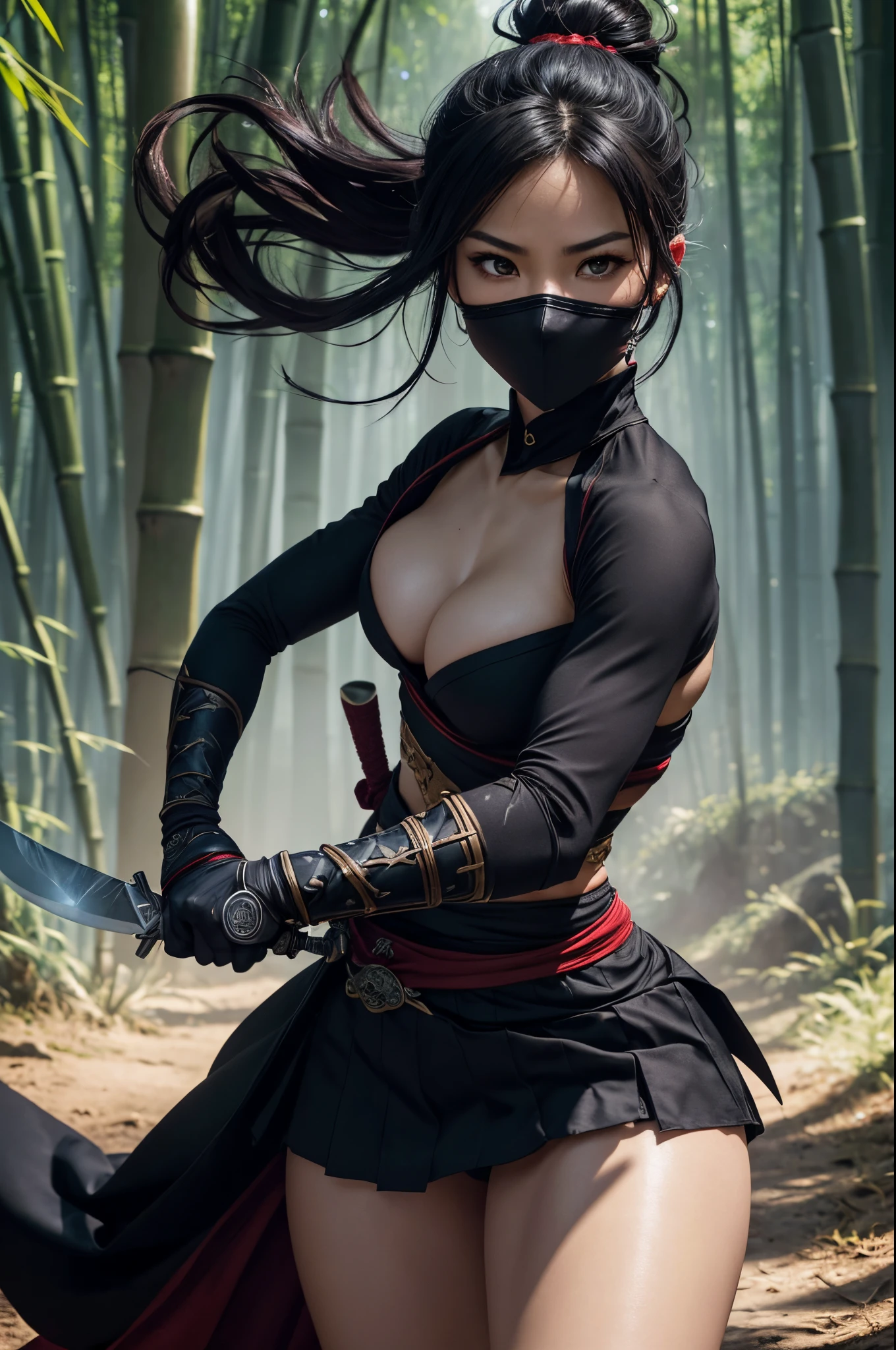 8K,1 milf,Fantasia、sexy female ninja with big breasts、Fluttering chest,complete ninja outfit、tight black and red ninja outfit(ultra precise detailed)、tight black and red skirt(ultra precise detailed)(Exposure of ninja clothes)、(Masked Face)、(Quick movement)、(stealth)、(mystical)、(arma)、(knifes)、(shuriken)、(daggers)、(short knife)、(shuriken)、(Graceful pose)、(dusk setting)、(Moonlit sky)、(Enchanting shadows)、((magical aura))、(daring acrobatics)、(ninja star)、(Quiet footsteps)、(Highly skilled)、(dedicated warrior)、(invisible assassin)、(ninja headquarters)、(hidden passage)、(bamboo forrest)、(intricate-detail)、(secret glance)、(impressive crimson eyes)、(Intense focus)、(epic battle scene)、(Mystical powers)、(rippling muscles)、(Fierce determination)、(Warrior spirit)、(exhilarating action)、(ancient tradition)、(unbreakable code)、(fearless guardian)、(unparalleled combat skills)、(constant vigilance)、(invisible protector)、(top-quality、ultra-detailliert、hight resolution、physically-based renderingt:1.2)、(immersive lighting)、(vivd colour)、(Dynamic composition)、(​masterpiece)。Fantasyart、Female ninja、complete ninja outfit、(tight ninja uniform)、The  is a uniform、Nipples are uniform、arma、lush bamboo forest,Golden decoration,超A high resolution,super realistic skin,Beautiful expression,