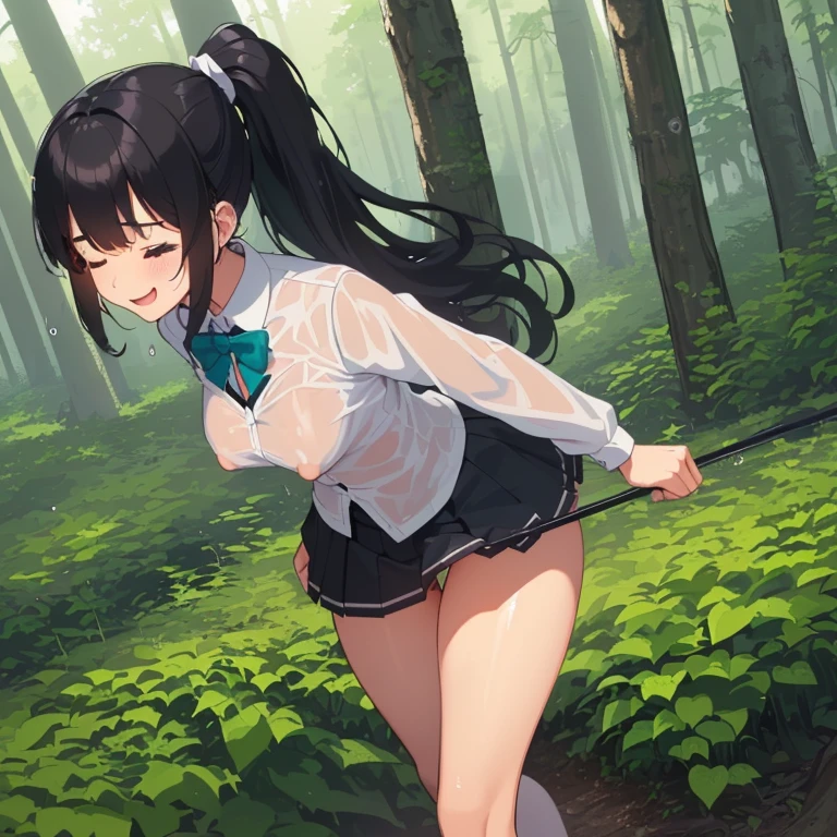 ((1 loli with sexy school clothes, mini skirt)),((silent breasts)),((happy face, in a forest)),((walking, wet pussy, erect nipples)),((hair very large pubic hair)),((big black hair with a short ponytail, with very large bangs covering the face, eyes closed)),((facing the viewer, in a forest)),