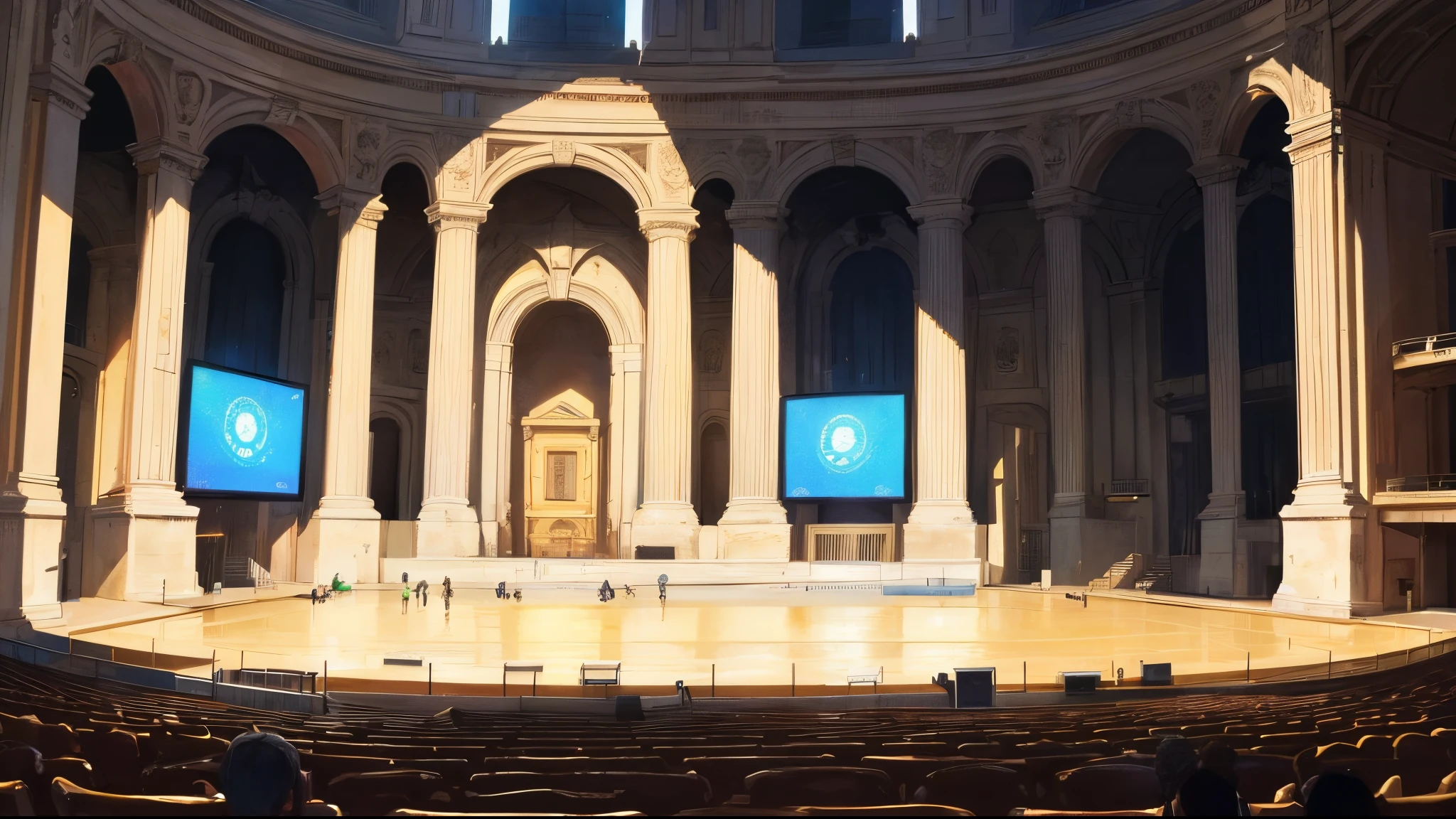 The coliseum in the clouds and a podium with a perfume, a mystical, slightly bluish lighting