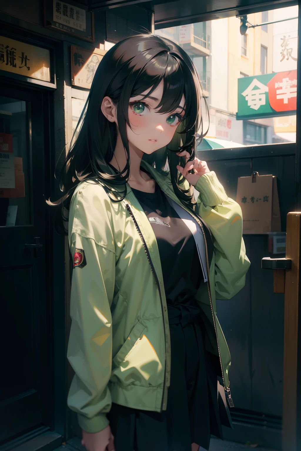 ​masterpiece、white backgrounid、18-year-old woman、Casual attire such as a black or green jacket、A dark-haired、waist-length hair、Character setting drawing