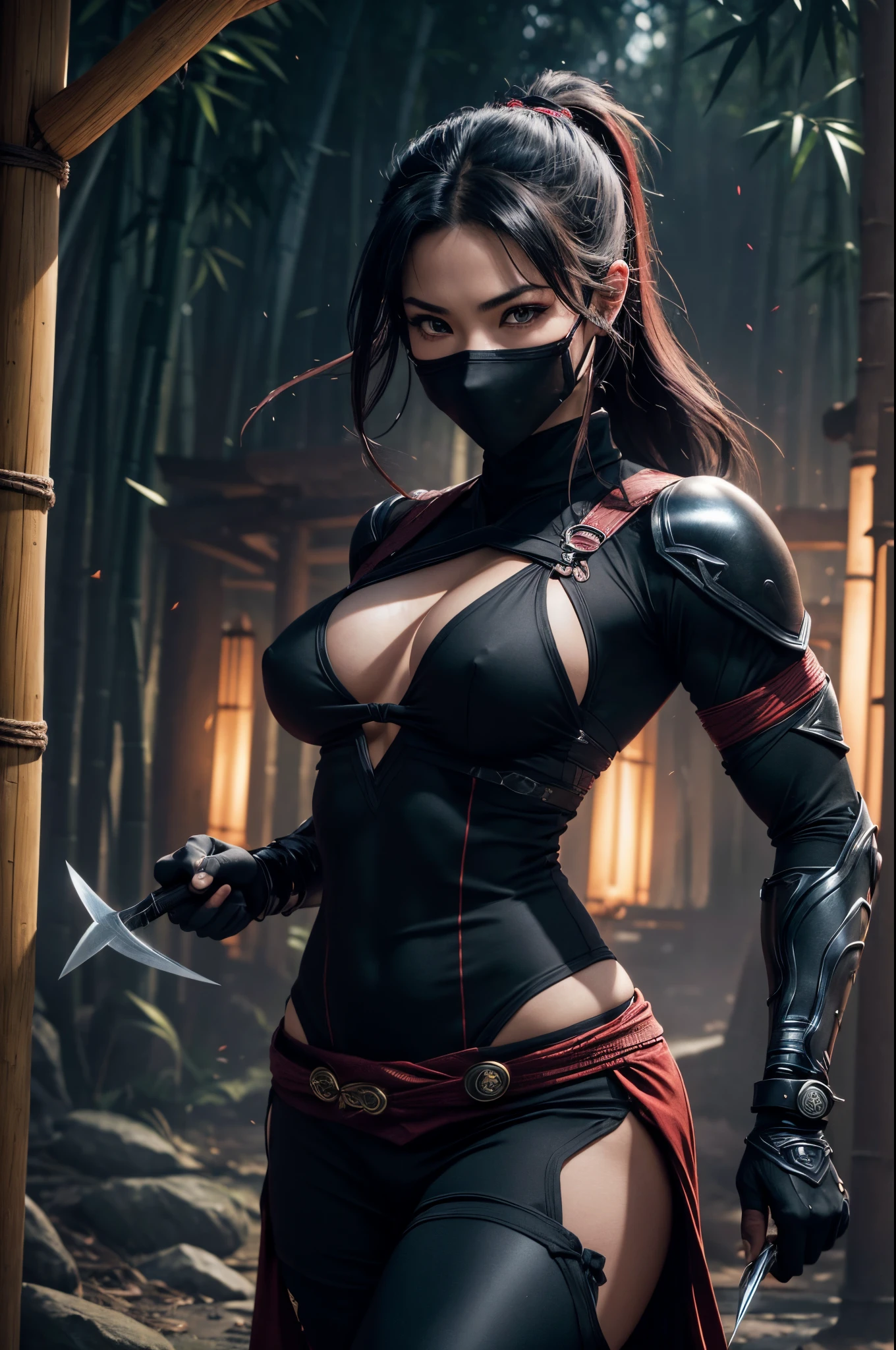 8K,1 milf,Fantasia、sexy female ninja with big breasts、Fluttering chest,complete ninja outfit、tight black and red ninja outfit(ultra precise detailed)、Slender lower body,tight black and red skirt(ultra precise detailed)(Exposure of ninja clothes)、(Masked Face)、(Quick movement)、(stealth)、(mystical)、(arma)、(knifes)、(shuriken)、(daggers)、(short knife)、(shuriken)、(Graceful pose)、(dusk setting)、(Moonlit sky)、(Enchanting shadows)、((magical aura))、(daring acrobatics)、(ninja star)、(Quiet footsteps)、(Highly skilled)、(dedicated warrior)、(invisible assassin)、(ninja headquarters)、(hidden passage)、(bamboo forrest)、(intricate-detail)、(secret glance)、(impressive crimson eyes)、(Intense focus)、(epic battle scene)、(Mystical powers)、(rippling muscles)、(Fierce determination)、(Warrior spirit)、(exhilarating action)、(ancient tradition)、(unbreakable code)、(fearless guardian)、(unparalleled combat skills)、(constant vigilance)、(invisible protector)、(top-quality、ultra-detailliert、hight resolution、physically-based renderingt:1.2)、(immersive lighting)、(vivd colour)、(Dynamic composition)、(​masterpiece)。Fantasyart、Female ninja、complete ninja outfit、(tight ninja uniform)、The  is a uniform、Nipples are uniform、arma、lush bamboo forest,Golden decoration,超A high resolution,super realistic skin,Beautiful expression,