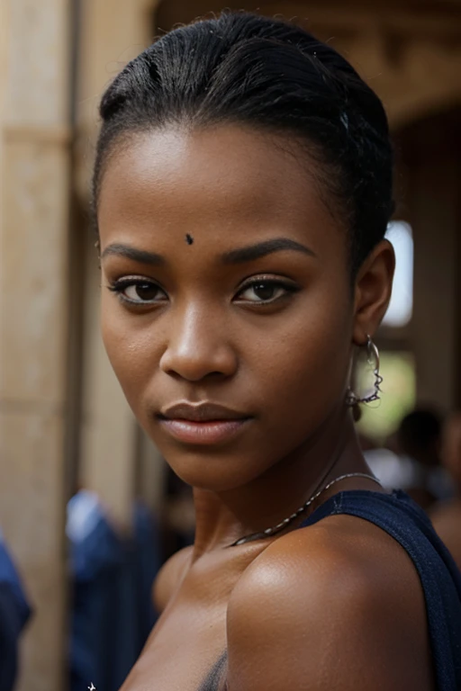 Full shot of africa America lady, short, blue top, posing, blue clothing, full body, detailed background, ultradetailed, HD, 8K, highlights, good lighting, nostalgia , light bright brown eye, Professional high detail photography, detailed skin, textured skin, skin pores, skin details, ((detailed pupils)), high details, photorealistic, sharp focus, nikon d7500 24mm, f/1.4, ISO 100, 1/ 1600s, UHD k, RAW, unedited photography, depth of field, bokeh, dramatic 