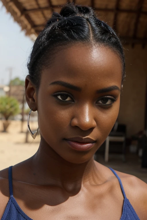 superbe fille africaine, cheveux coupe, yeux bleus, cheveux ????, cheveux courts, hyper realistic, Percing au nez, corps complete