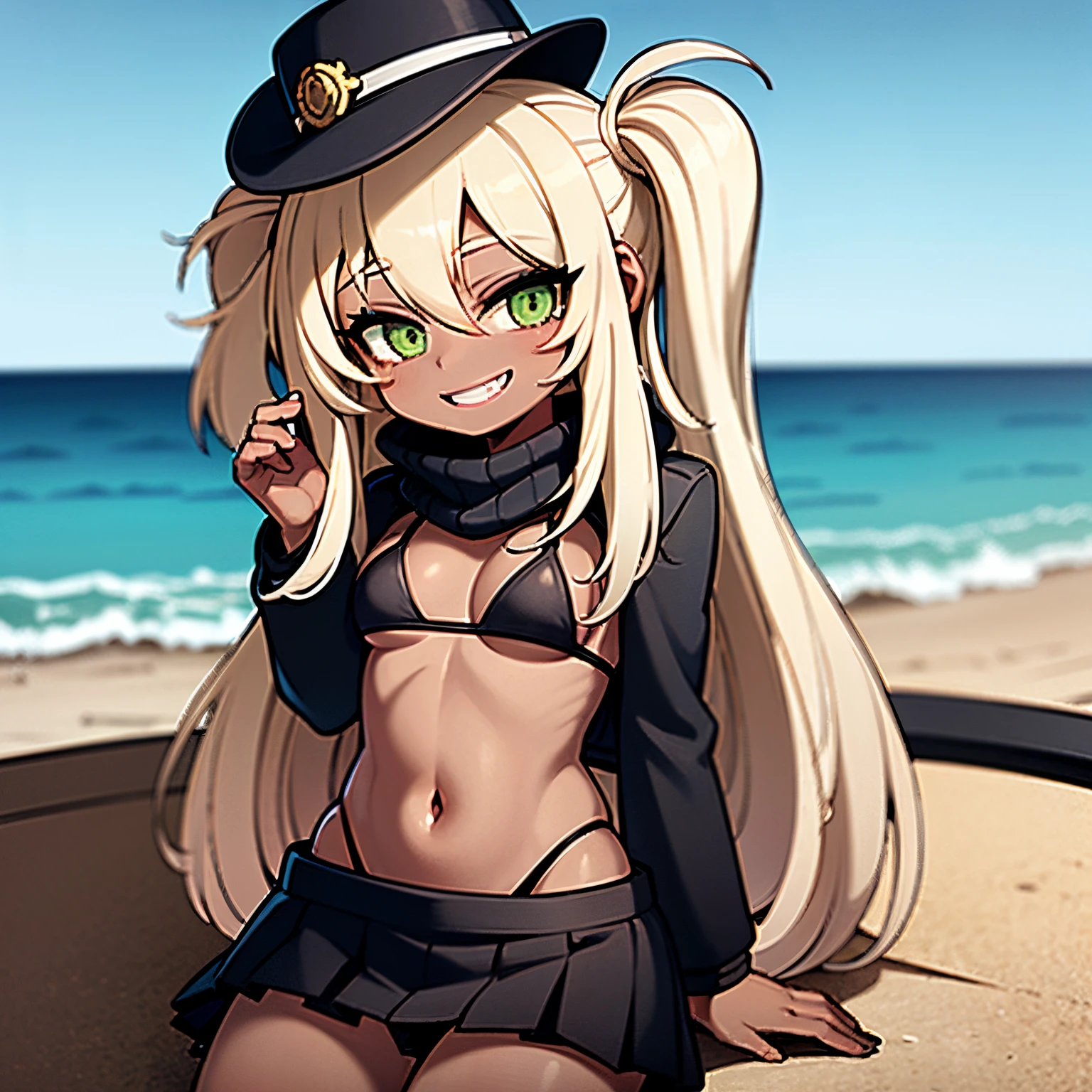 Young girl, black skin, blonde hair, long hair, green eyes, wearing puffer pink coat, white hat, black bikini, smiling, in a beach, sunset, 4k, mastepriece, gyaru,