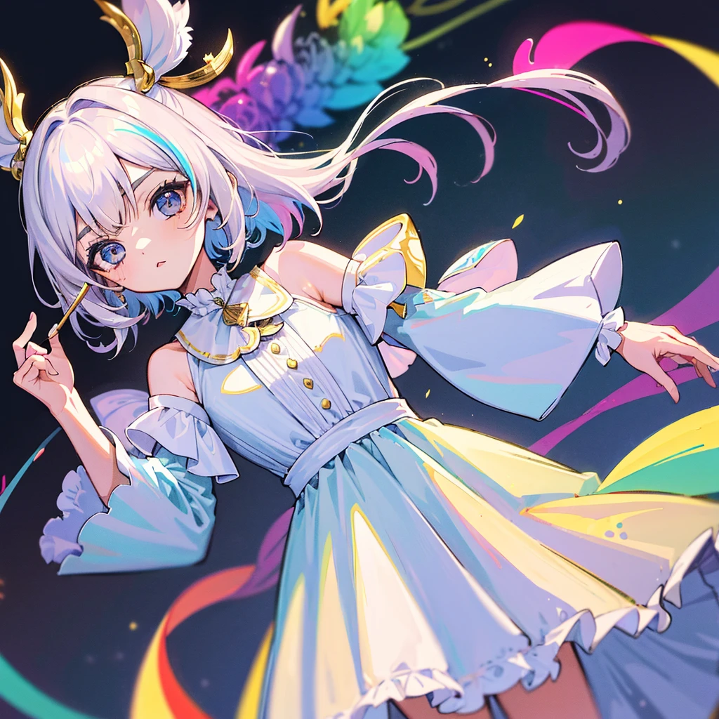 (etiqueta: 1.5) ((Chibi Chara)), fundo branco, Felpudo, garota, Fantasia de Lolita, Chibi Chara, corpo inteiro, Cabelos Pastel, conto de fadas, Fantastic, Rainbow, design de camisetas, Melhor obra-prima, best quality, 16k