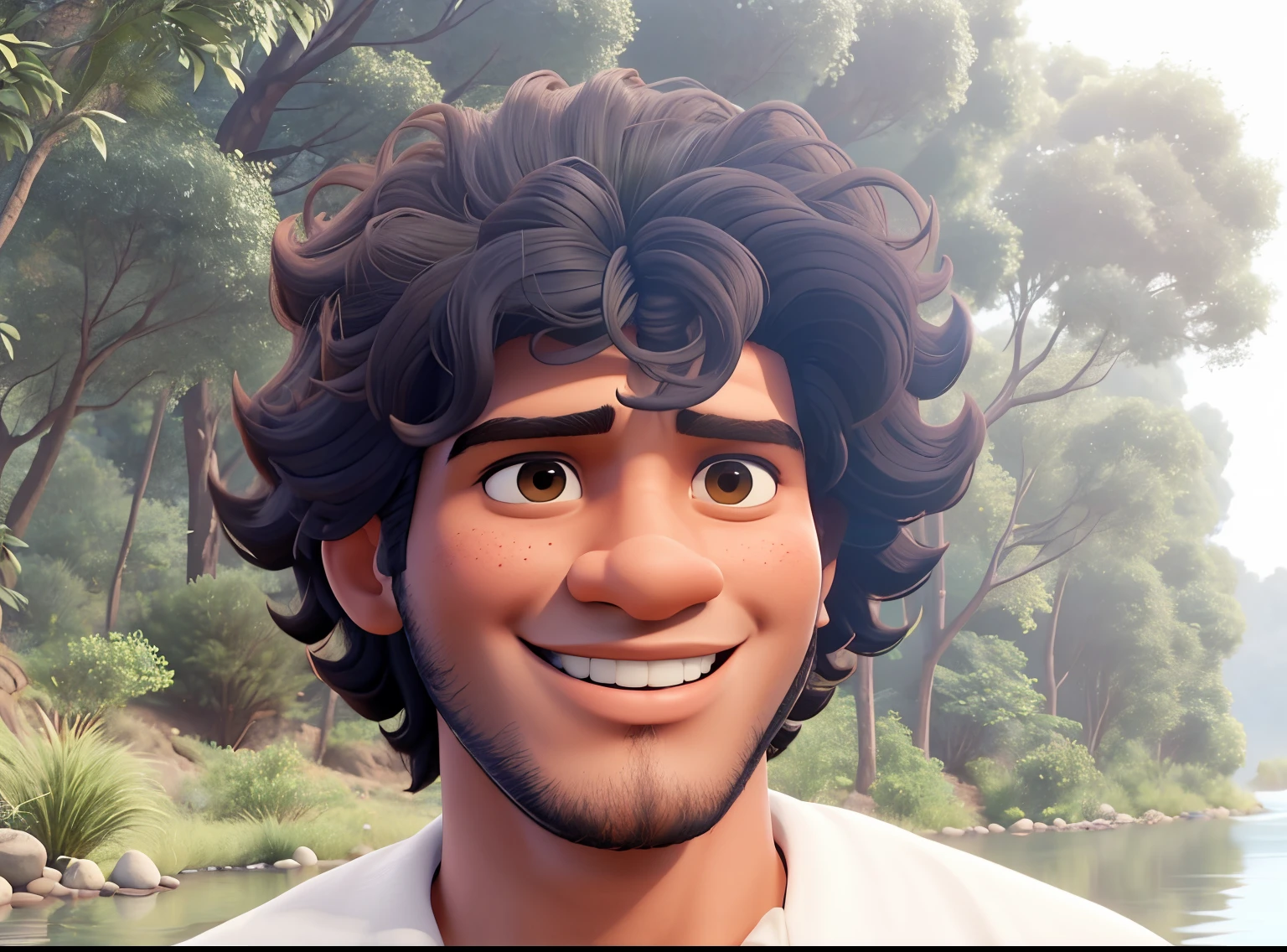 there is a man with a big afro standing in front of a river, jayison devadas, ayan nag, vinayak, avatar image, jayison devadas style, by Max Dauthendey, profile photo, mohamed chahin, roshan, album photo, thomas kinkad, with a happy expression, inspired by Samuel Silva