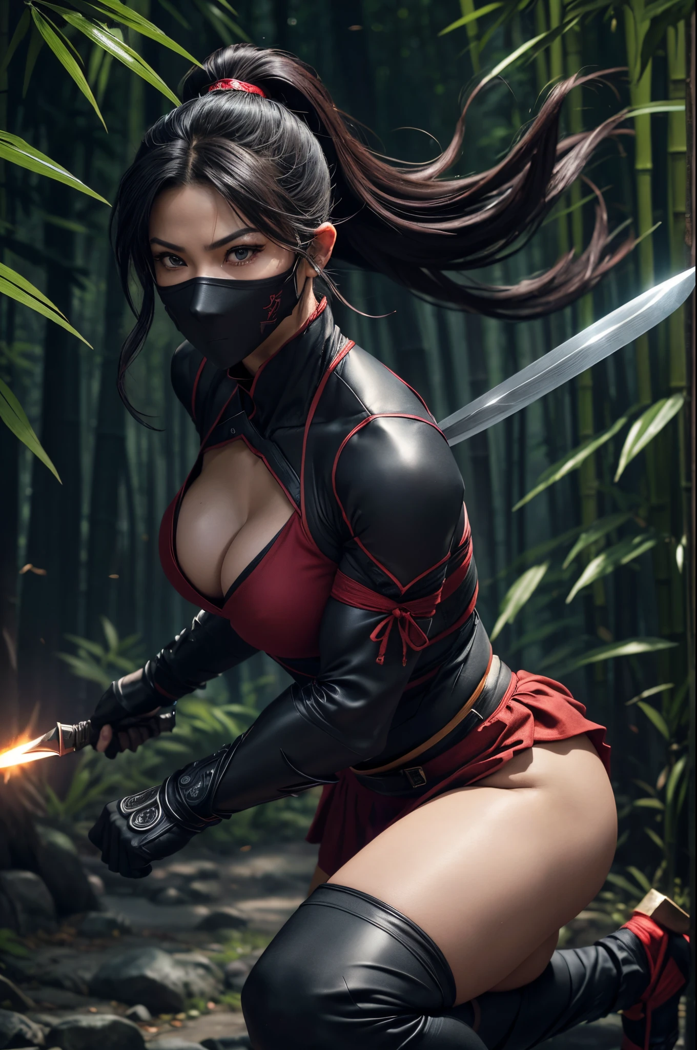 8K,1 milf,Fantasia、sexy female ninja with big breasts、Fluttering chest,complete ninja outfit、tight black and red ninja outfit(ultra precise detailed)、Slender lower body,tight black and red skirt(ultra precise detailed)(Exposure of ninja clothes)、(Masked Face)、(Quick movement)、(stealth)、(mystical)、(arma)、(knifes)、(shuriken)、(daggers)、(short knife)、(shuriken)、(Graceful pose)、(dusk setting)、(Moonlit sky)、(Enchanting shadows)、((magical aura))、(daring acrobatics)、(ninja star)、(Quiet footsteps)、(Highly skilled)、(dedicated warrior)、(invisible assassin)、(ninja headquarters)、(hidden passage)、(bamboo forrest)、(intricate-detail)、(secret glance)、(impressive crimson eyes)、(Intense focus)、(epic battle scene)、(Mystical powers)、(rippling muscles)、(Fierce determination)、(Warrior spirit)、(exhilarating action)、(ancient tradition)、(unbreakable code)、(fearless guardian)、(unparalleled combat skills)、(constant vigilance)、(invisible protector)、(top-quality、ultra-detailliert、hight resolution、physically-based renderingt:1.2)、(immersive lighting)、(vivd colour)、(Dynamic composition)、(masterpiece)。Fantasyart、Female ninja、complete ninja outfit、(tight ninja uniform)、The is a uniform、Nipples are uniform、arma、lush bamboo forest,Golden decoration,超A high resolution,super realistic skin,Beautiful expression,See viewers,sexy black and red chest armor,