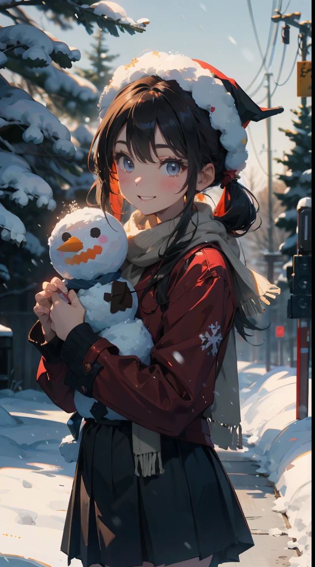 Illustration of a girl making a snowman in a snowy landscape。She wears a red coat and a black skirt.、Her hair is golden twin tails。She wears a scarf and hat on a snowman.、Smiling happily。There is white snow and trees in the background、You can feel the winter atmosphere。The colors are unified in red and white.、Warmth and cuteness are emphasized。（cuteness：1.5）（soothing：1.3）（hightquality：1.2）（Sketched：1.0）