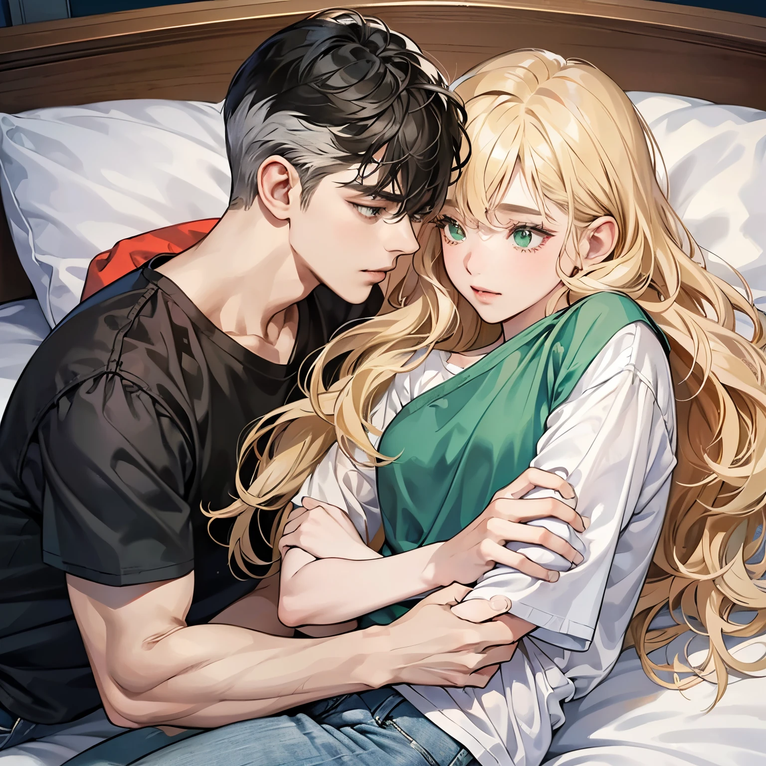 a couple, 1 girl 1 boy, Hair color is different, long blonde wavy hair.bangs and gray eyes, Top, Shorts, With short black hair (Green eyes) , Upper body shirt and jeans, They are lying in bed. hug, koi,Face to face, he looks at her tenderly、look into each other&#39;s eyes、Detailed composition、８Ｋ