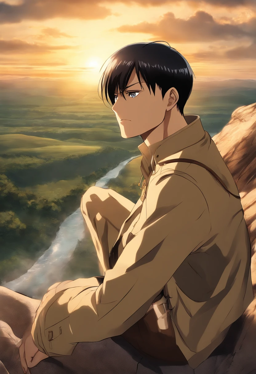 A photo of Bertholdt sitting on the edge of a cliff, gazing out at the horizon with a pensive expression as the sun casts a golden glow over the landscape.,Attack on Titan,Bertholdt is very tall with tan skin, a large nose, murky teal eyes, very short black hair with short M-shaped bangs. (Bertholdt Hoover from Attack on Titan)