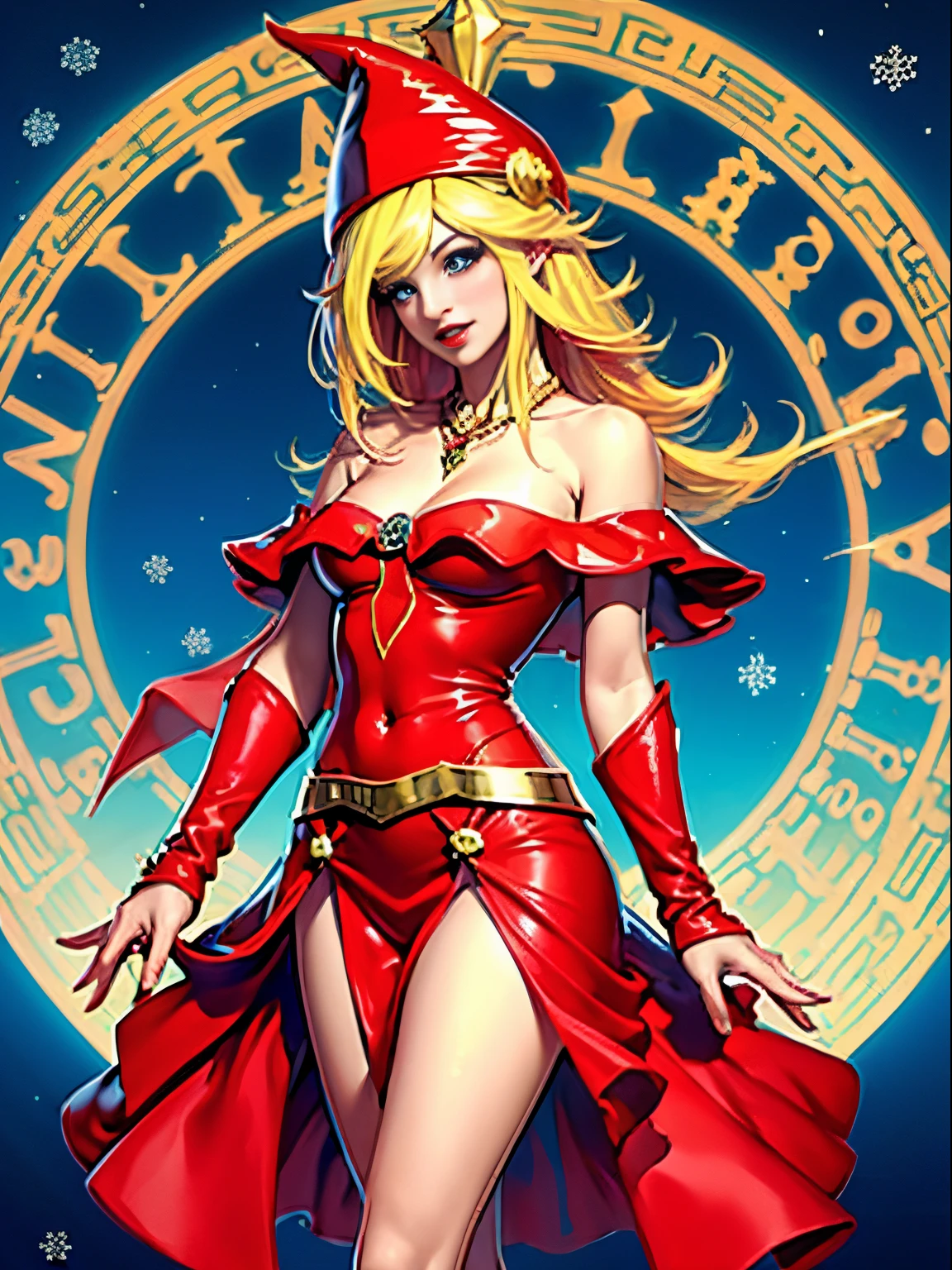 Dark magician gils con vestido rojo,((see through)), extremadamente detallado, rubio,(((Mini falda diminuta))), ((skirt lift)),(((tanga visible))),Sonriendo, ojos azules, realista, tacones rojos, (((Navidad))), escote, ((christmas tree, Regalos)), cabello rubio, navidad de Magia. Pose sejustiva y sensual.