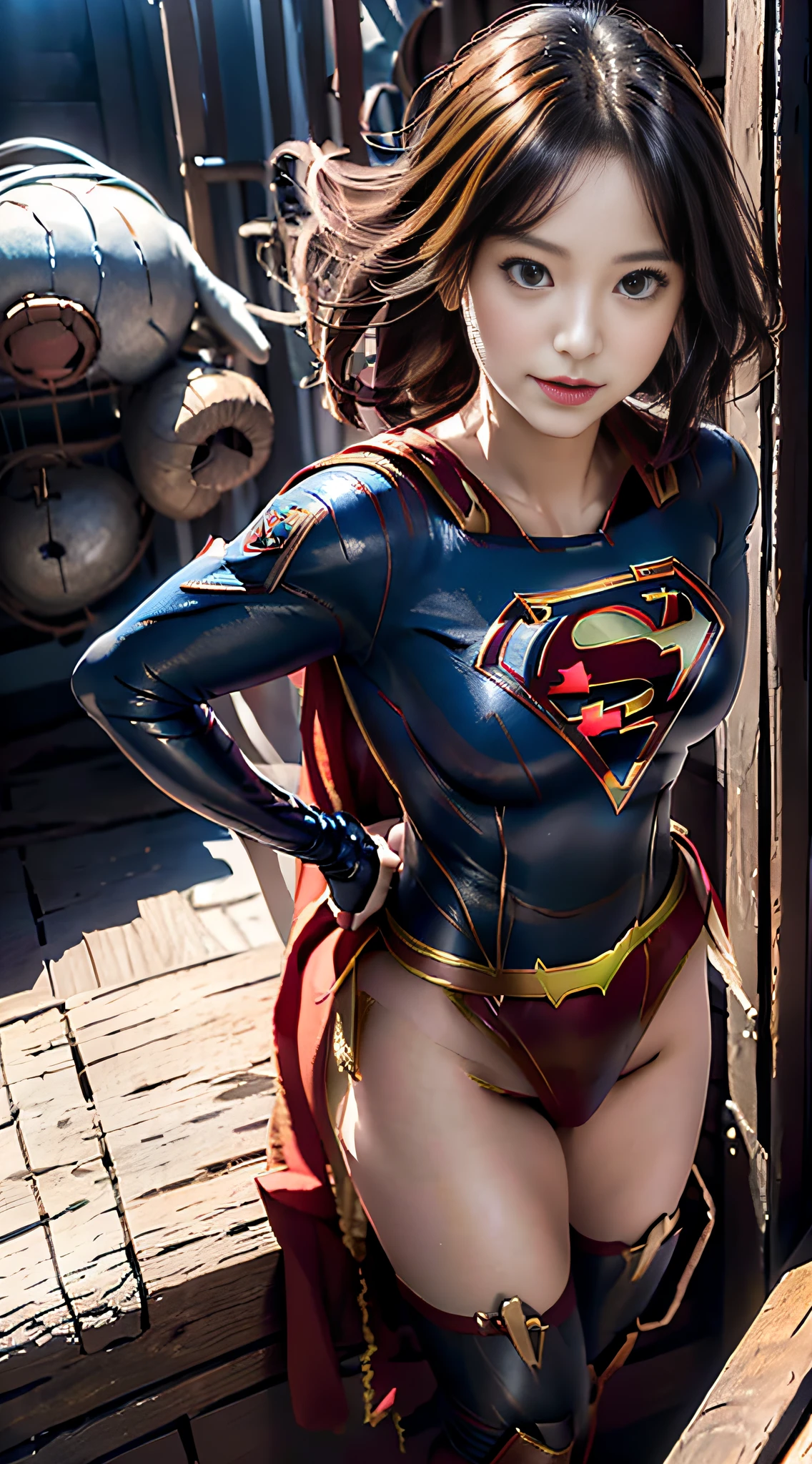 Anime girl posing in red and black leather costume , realist, (((Supergirl Suit)))、 biomechanical oppai, fanart best artstation, artgerm style, Marked cat,masutepiece, Full Detail, Photorealistic, 8K, ( large full breasts、Big thighs)、((Makes your fingertips look neat and delicate。))