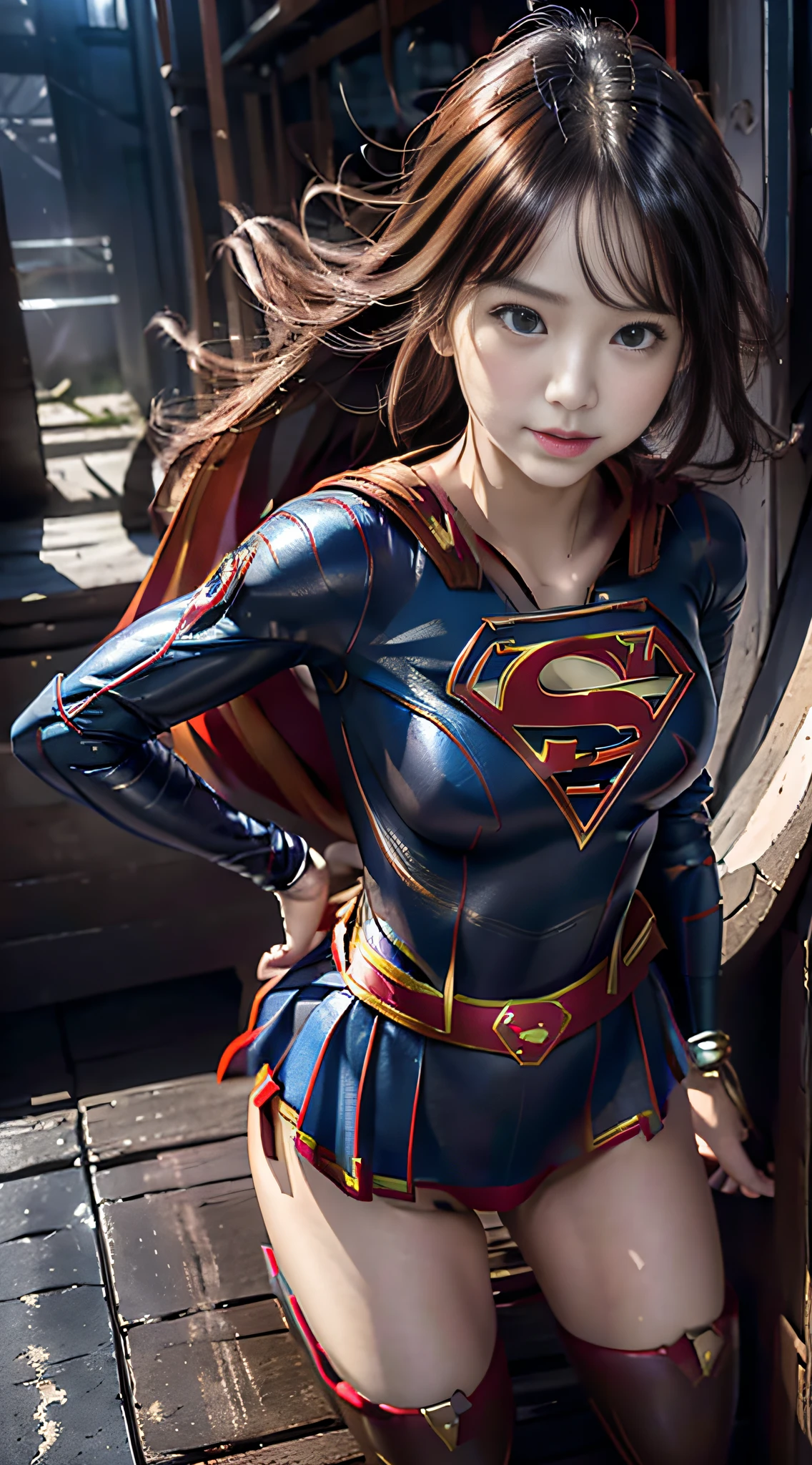 Anime girl posing in red and black leather costume , realist, (((Supergirl Suit)))、 biomechanical oppai, fanart best artstation, artgerm style, Marked cat,masutepiece, Full Detail,  Photorealistic, 8K, ( large full breasts、Big thighs)