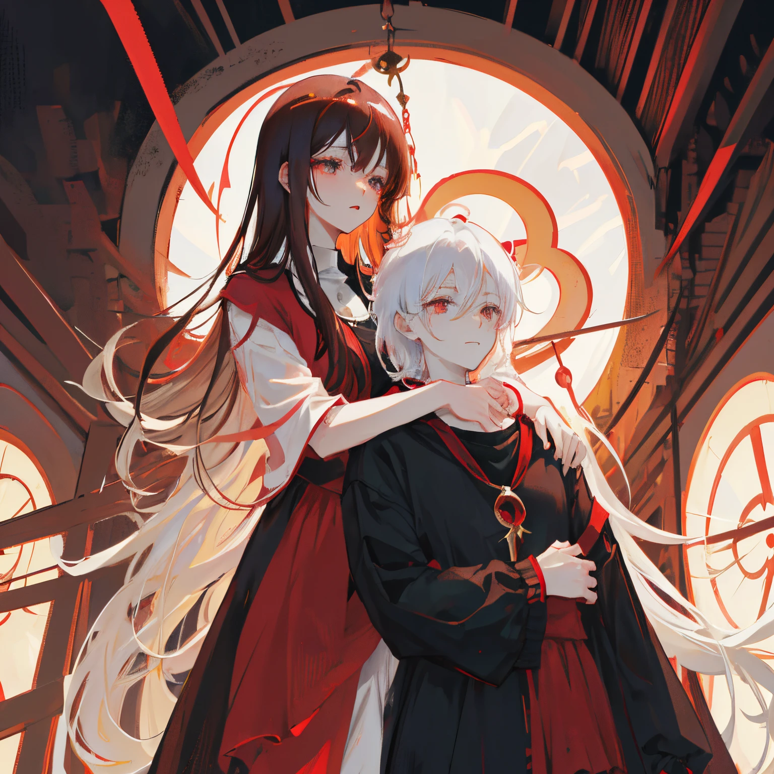 Anime, a couple dressed in red and black, are hugging, dark fantasy style, the woman has brown eyes & brunette hair with bangs & pale skin & red tinted lips & has an hourglass body, the man has black eyes & black unkept hair & pale skin & has a lean muscular body