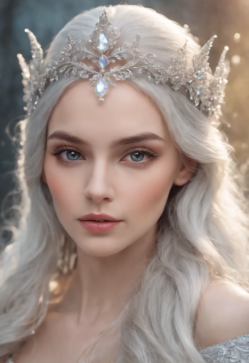 avantgarde fashion shot of an incredibly adorable ice queen playing with shimmering fairy magic, cute eyes looking at camera!!!,The primary focus of the composition should be the seamless fusion of the grey hair, grey eyes, and roots, with magical pixie lights, intricately detailed elven clothing, filigree, flowers, vibrant, ornate, sharp focus, inkflow, oil splash, TINY water drops, inksplash, paintsplash, running paint, running ink, incredible depth, intricate details, cinematic, dramatic lighting, beautiful light and shadows, clear contrast, intricate, hyperdetailed, meticulously detailed, a masterpiece, whimsical fantasy" HDR. UHD. -style raw --ar 5:6 --s 750, super long hairs, very long hairs, highly detailed hairs, absurdly long hairs, voluminous long hairs, straight posture