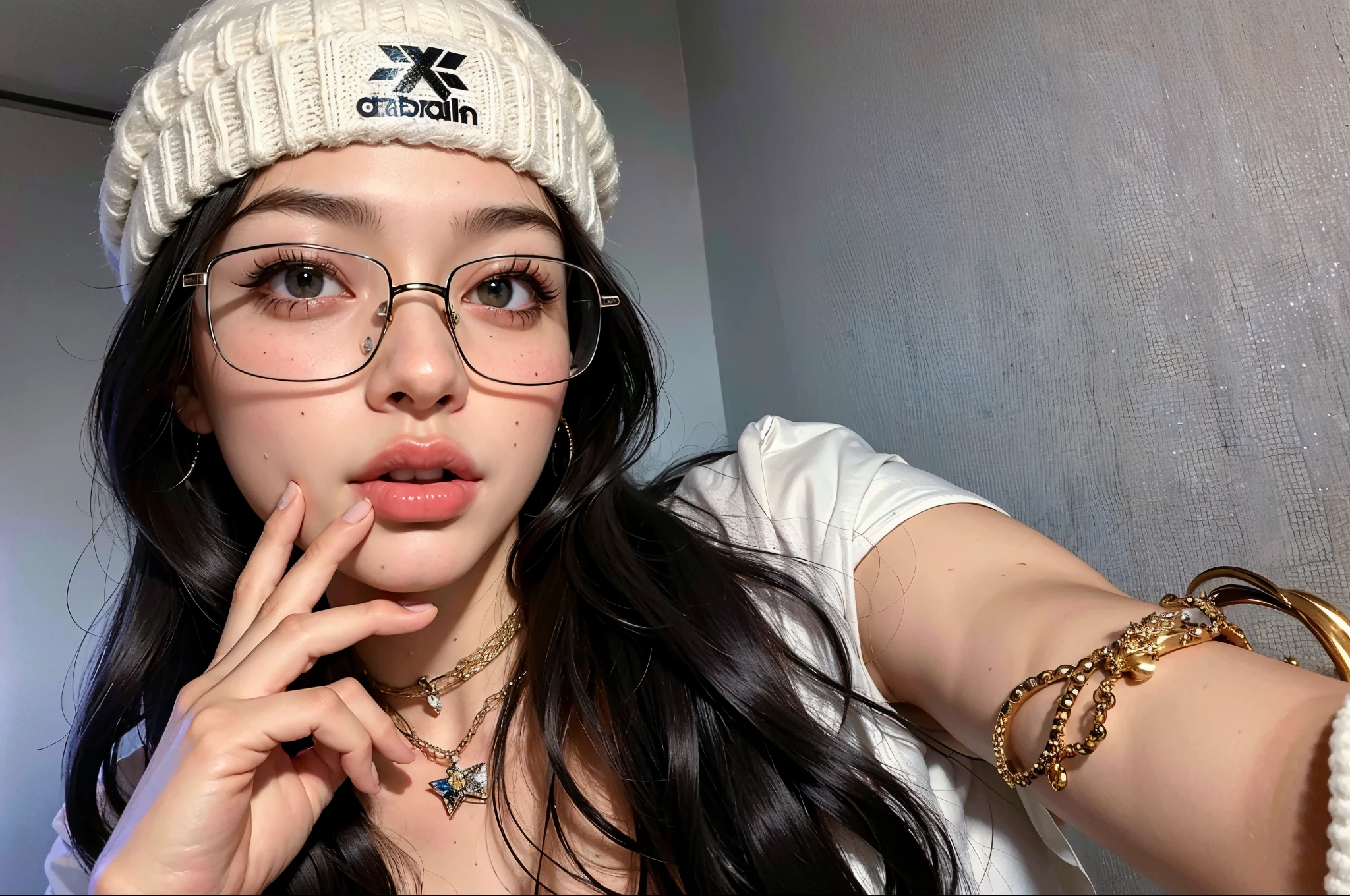 There is a woman with long black hair and a necklace in, cabelos pretos e olhos grandes, lindo rosto latino, 18 anos, pale-skinned persian girl, thick lips, Violeta Myers, Parece Fabiula Nascimento, imagem de perfil, lorde, female with long black hair, 1 6 anos, cabelo preto ondulado, pele de azeitona