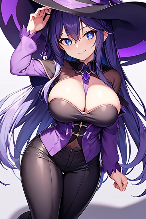 Breasts, witch, purple eyes, blue eyes, long hair, witch hat, shadows, darkness, dark, magic, smile, shirt, pants