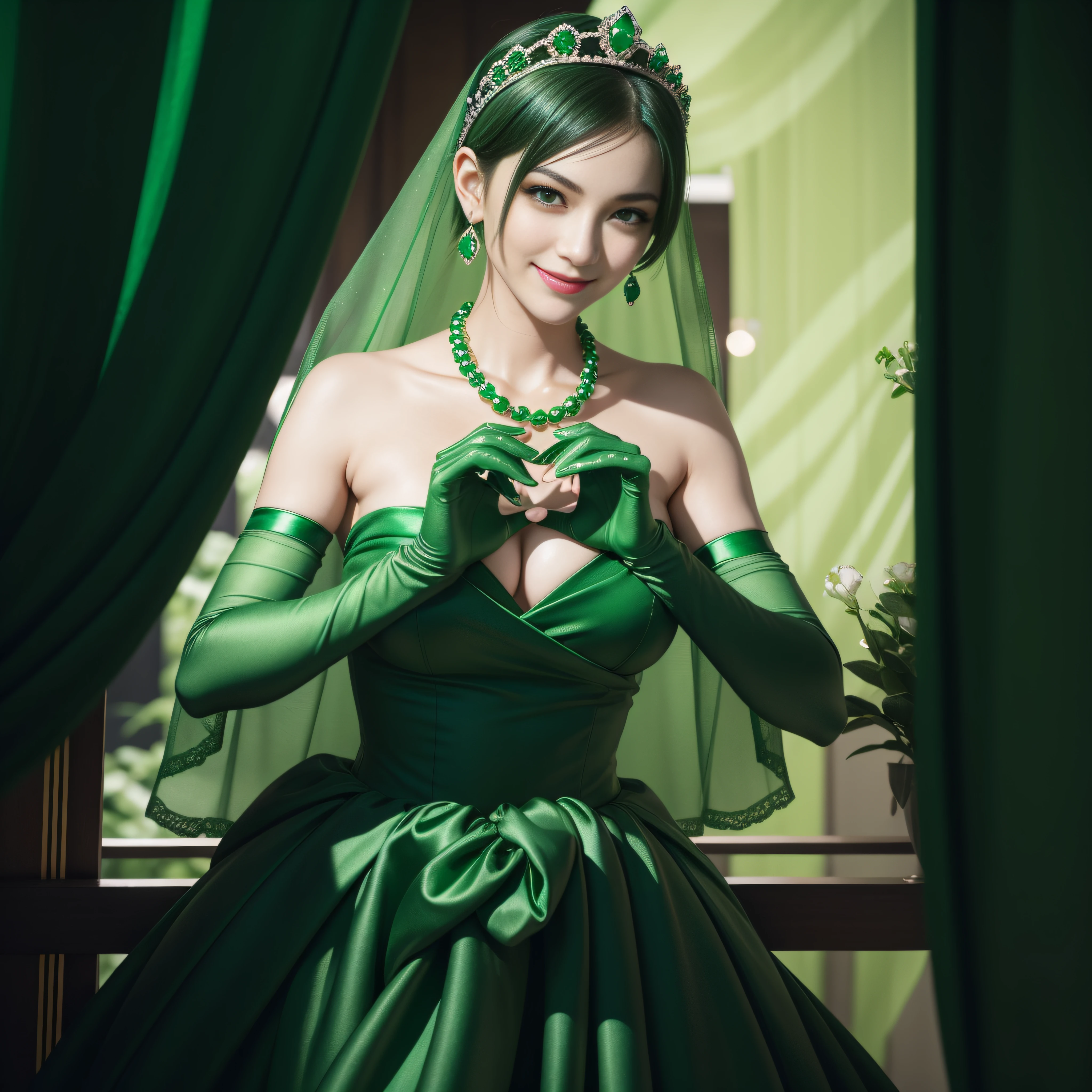 emerald tiara, Green Pearl Necklace, Boyish very short green hair, lipsticks, Japan woman smiling, very short short hair, big breasts beautiful, Green eyes, Long green gloves made of satin material, Green eyes, Emerald Earrings, green vale, Heart with both hands
