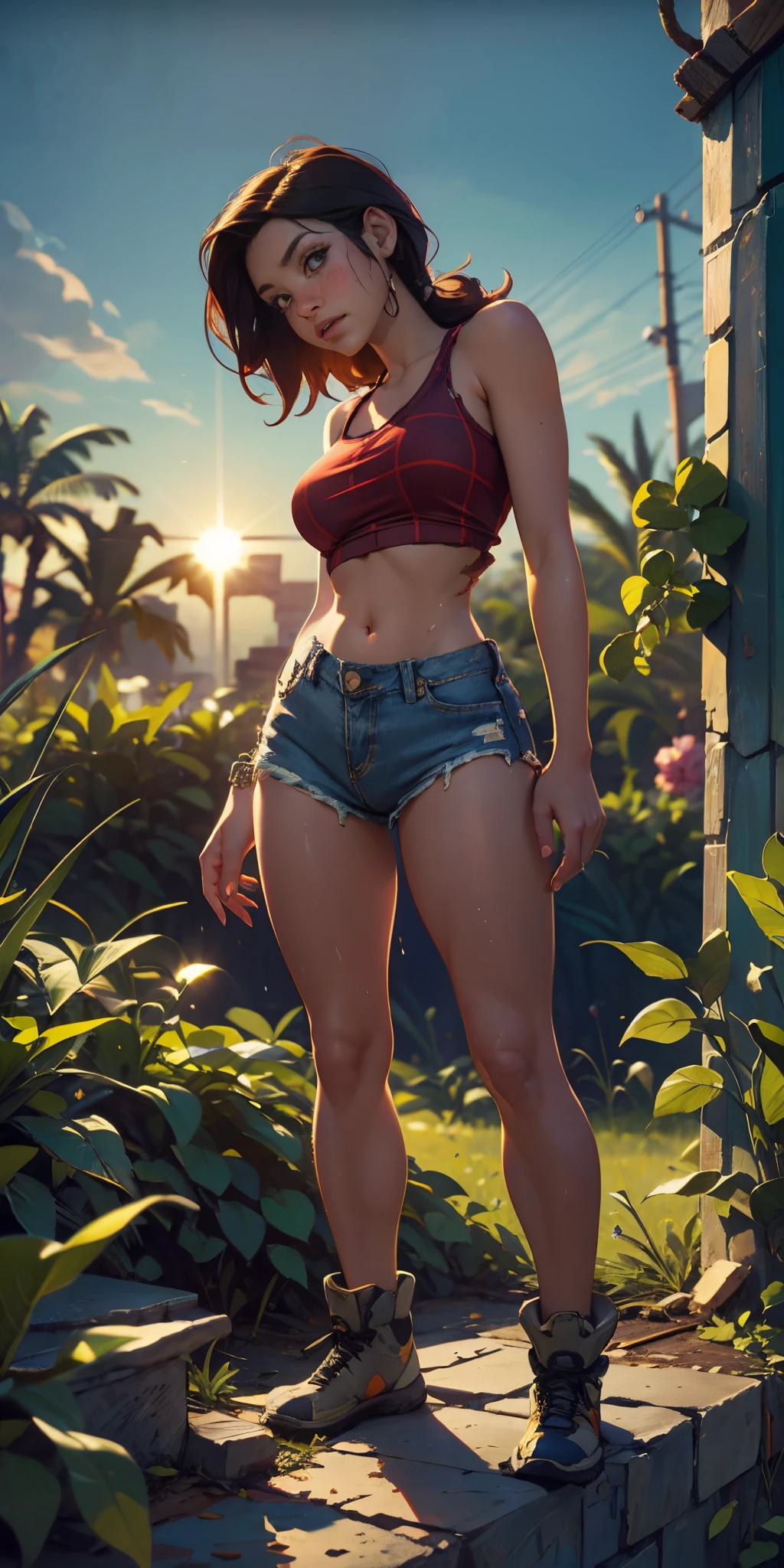 2076 year. N.uh. The Urban Ruins of the Wasteland, Female huntress picking fruit in the garden, torn shirt and denim shorts ,  sweating through, sun rising, Nice warm colors, head to toe full body shot