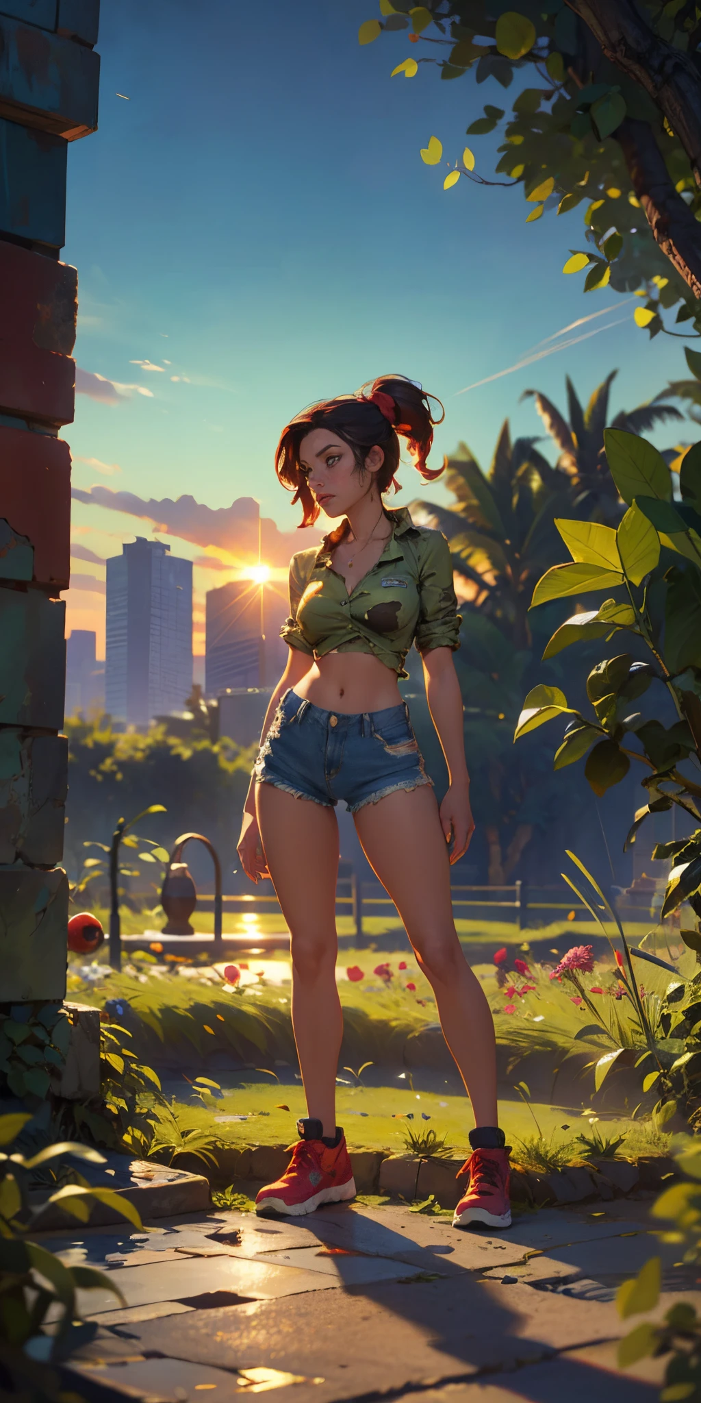 2076 year. N.uh. The Urban Ruins of the Wasteland, Female huntress picking fruit in the garden, torn shirt and denim shorts , sweating through, sun rising, Nice warm colors, head to toe full body shot