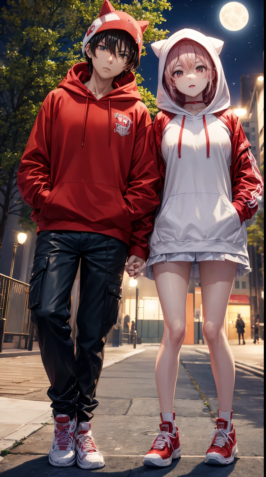 A couple of 3D anime characters, together in the park together. men wearing red and white hoodies, women wearing hijabs wearing red and white hoodies, at night the bright moon background