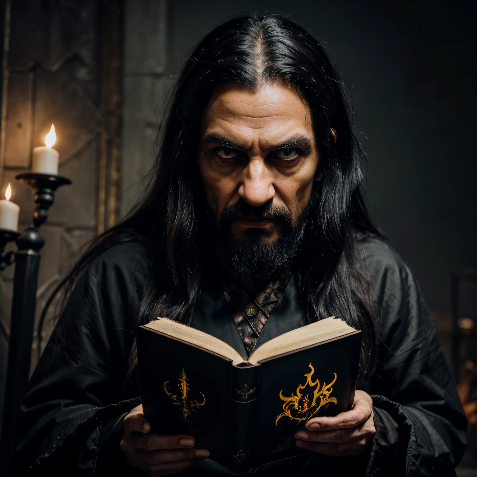 An old man philosophical wizard gothic dark temporal sinister long black hair and bright flaming yellow eyes reading a book sinister gothic encyclopedia rfx effects cinematic 4k pixels very realistic image with professional effects and cinematic technical details widescreen panoramic horizontal and vertical playground ,olhos amarelos flamejantes brilhantes imagem tela cheia zoom infinito pixels de cores
