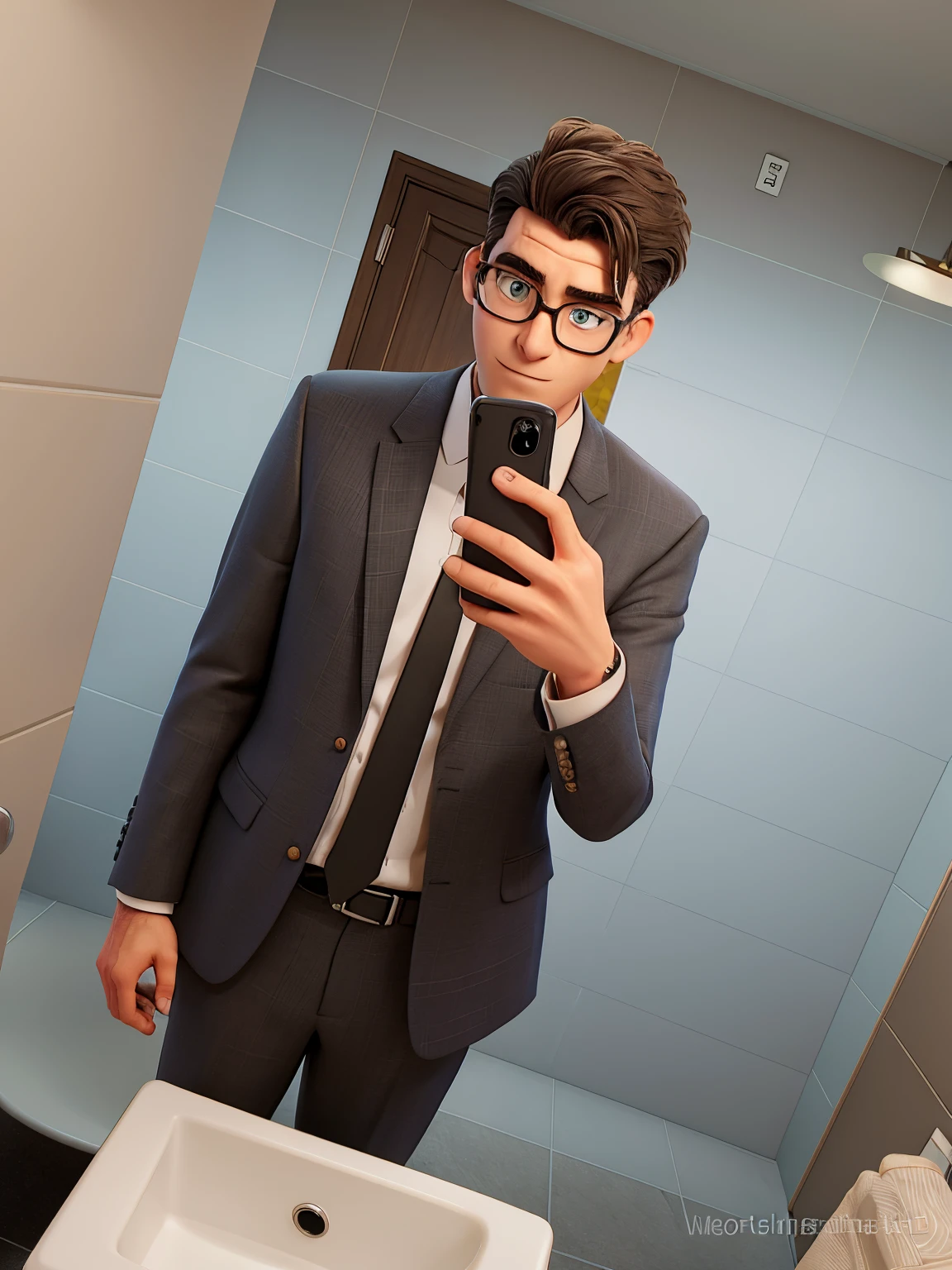 there is a man taking a selfie in a bathroom mirror, wearing a suit and glasses, wearing black grey suit, wearing a suit and tie, wearing suit and tie, wearing business suit, wearing a suit and a tie, wearing a worn out suit, wearing a business suit, wearing suit, full body picture, suit and tie, wearing a suit