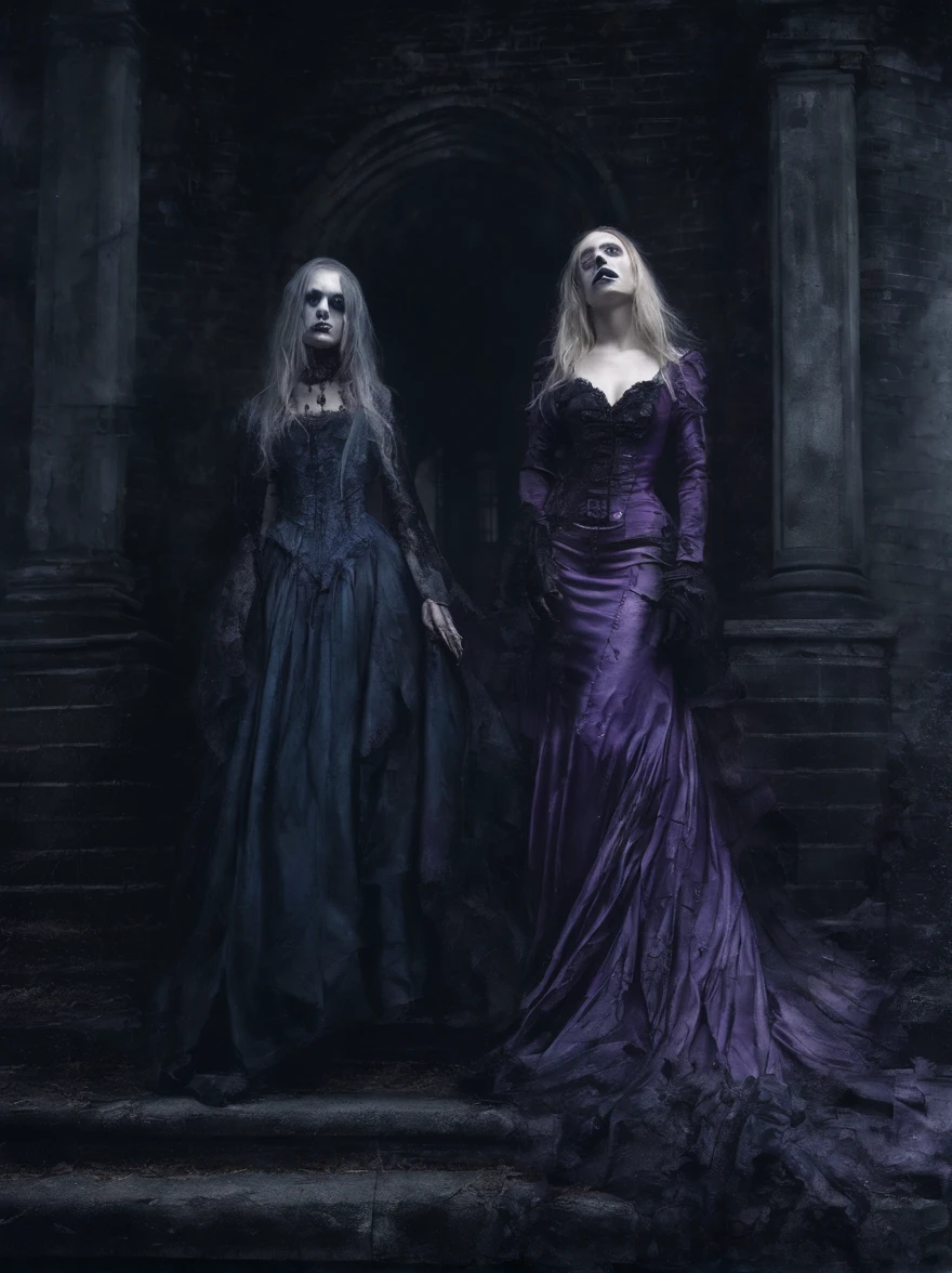 blonde battles brunette. long shot. gothic horror painting in shades of blue and purple. snowy, deserted London street at midnight. (2girls) a black-haired woman with decaying corpse-like face wearing a rotting purple Victorian dress fights an evil blonde vampire wearing white with fangs bared. [cars: 1.3] [technology: 1.3]