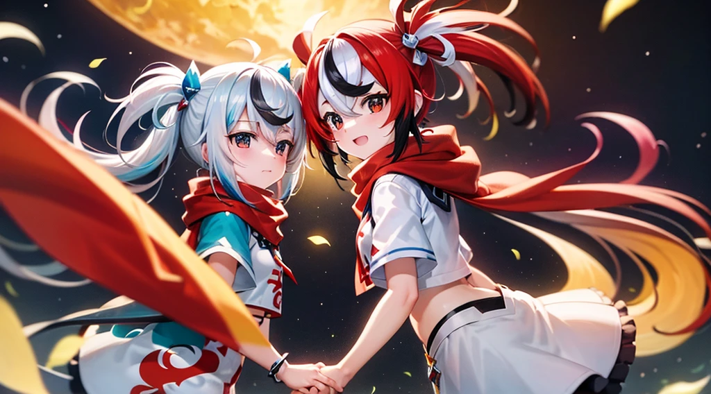 front plan hakos baelz holding hands with gawr gura , background starlight,with a red scarf and cute clothes