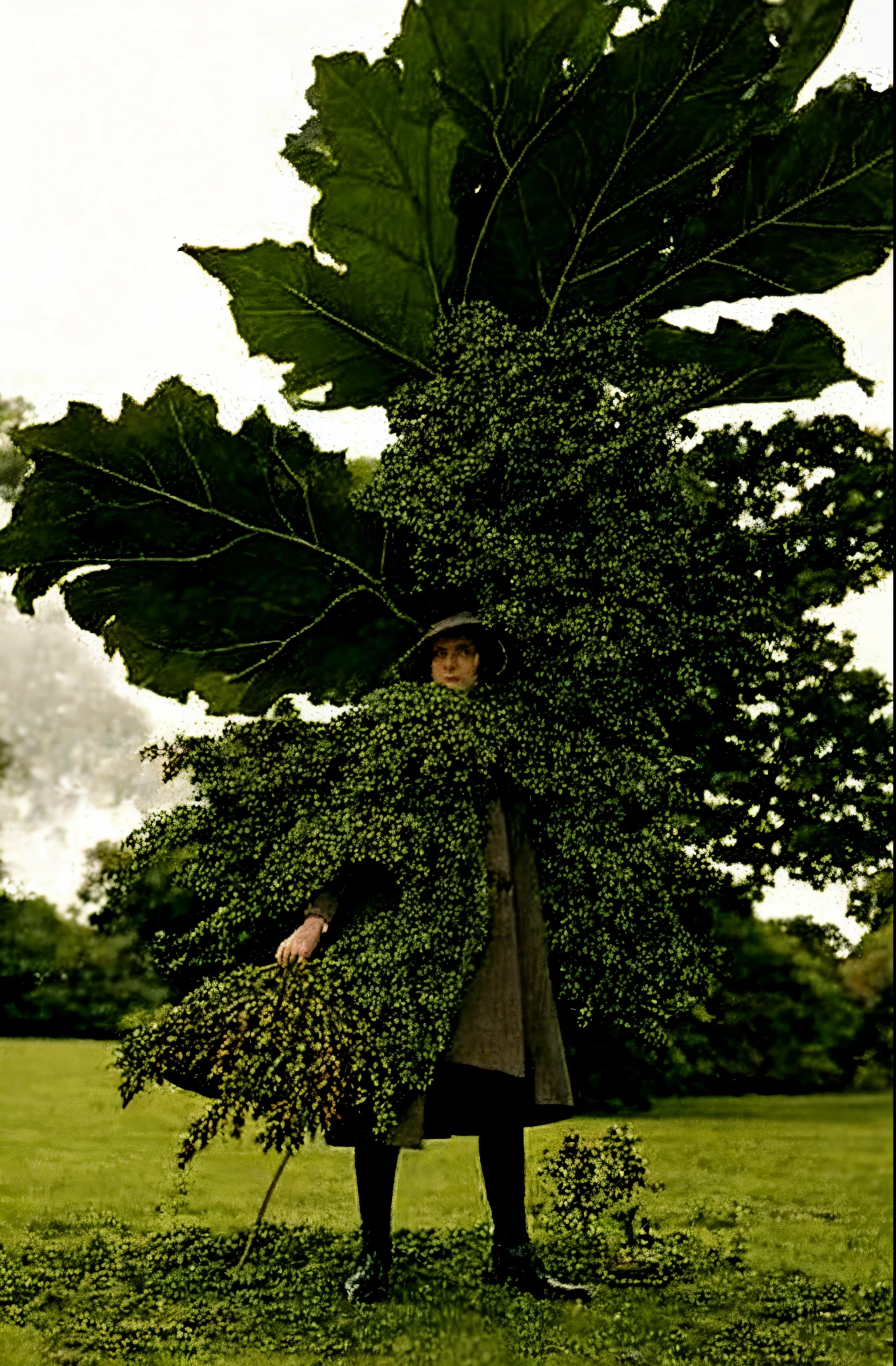 arafed woman holding a giant leaf in a park, in style of tim walker, tim walker, wearing leaf cloak, big leaves, with a tall tree, surrealist photography, big leaves and stems, large leaves, tree; on the tennis coat, annie liebovitz photography, annie leibowitz, long trunk holding a wand, martin parr