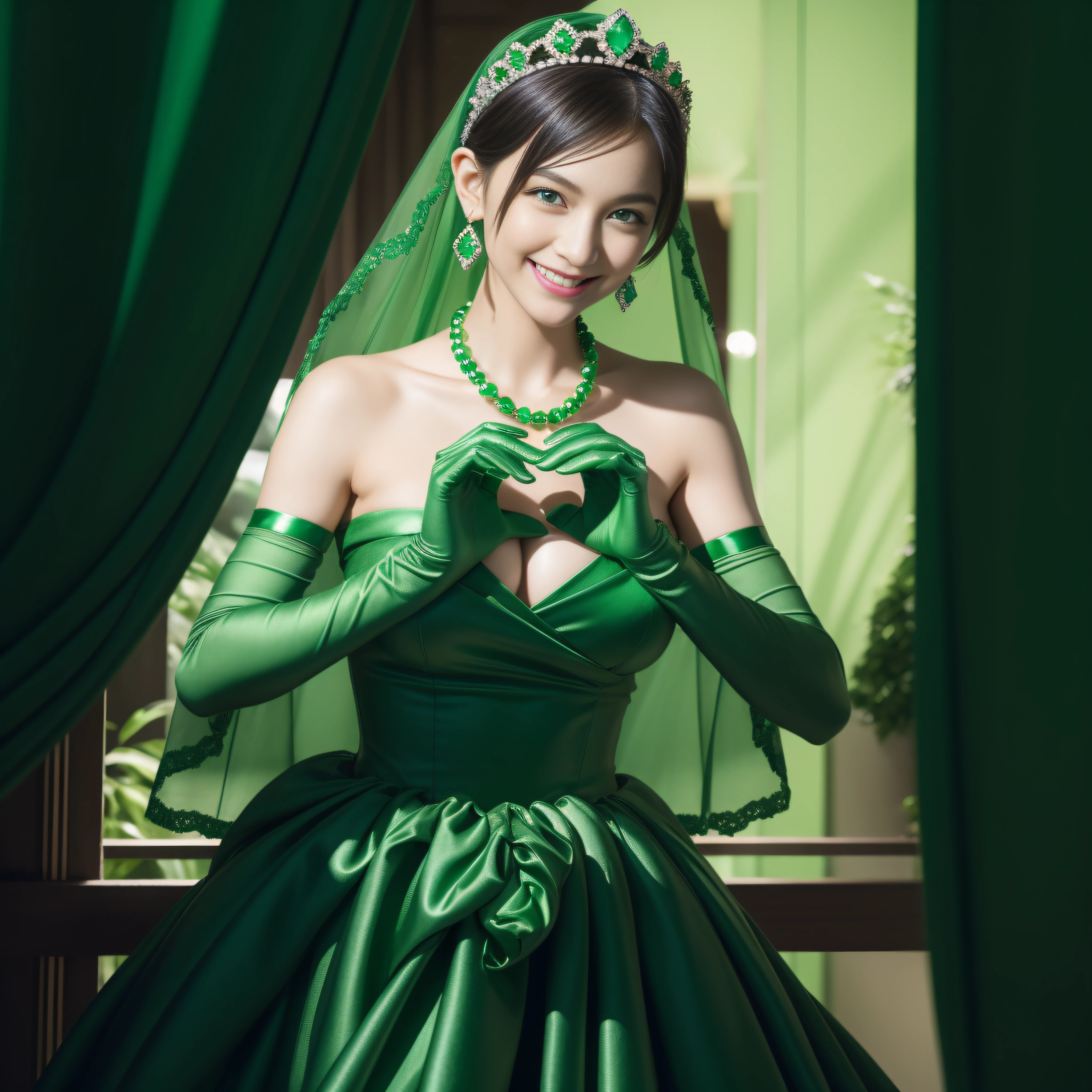 emerald tiara, Green Pearl Necklace, Boyish very short green hair, lipsticks, Japan woman smiling, very short short hair, big breasts beautiful, Green eyes, Long green gloves made of satin material, Green eyes, Emerald Earrings, green vale, Heart with both hands