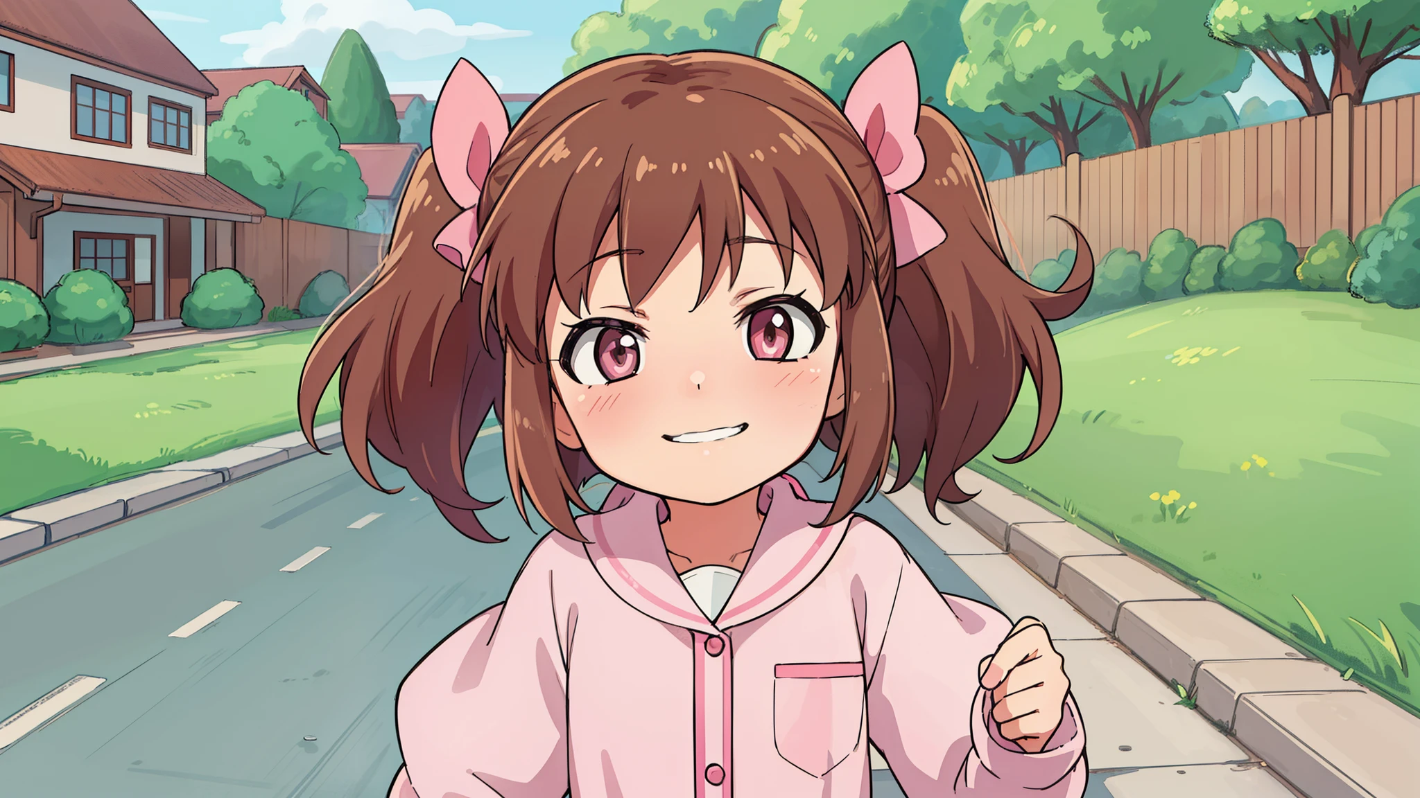 hiquality, tmasterpiece (one girls) . brown hair. Pink Children's Clothing. pink bows. ponytails on the hair. sweet smile. open brown eyes. against the background of the Street