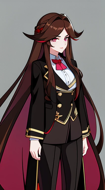 Grown-up girl, long brown hair, extra very long hair, black jacket, red pants, Bow, flowers on her head, handsome girl, face brown eyes, pink lips, Beautiful Eyes, with long ribs