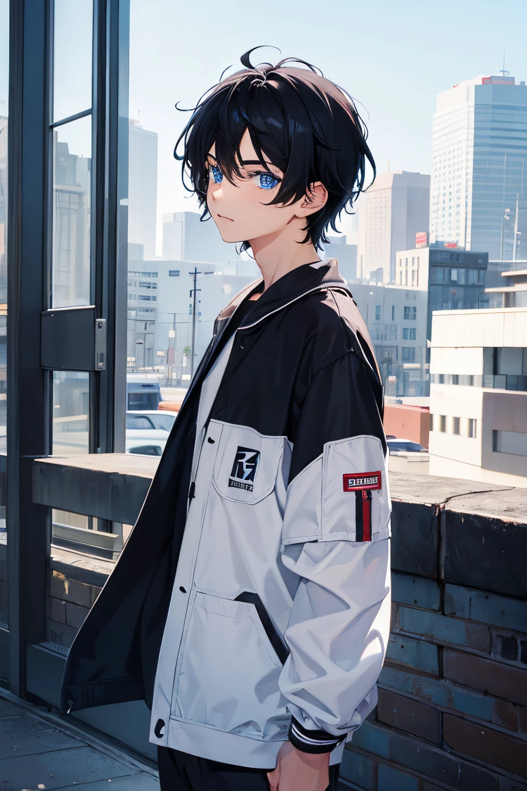 a teenage boy with black hair and blue eyes