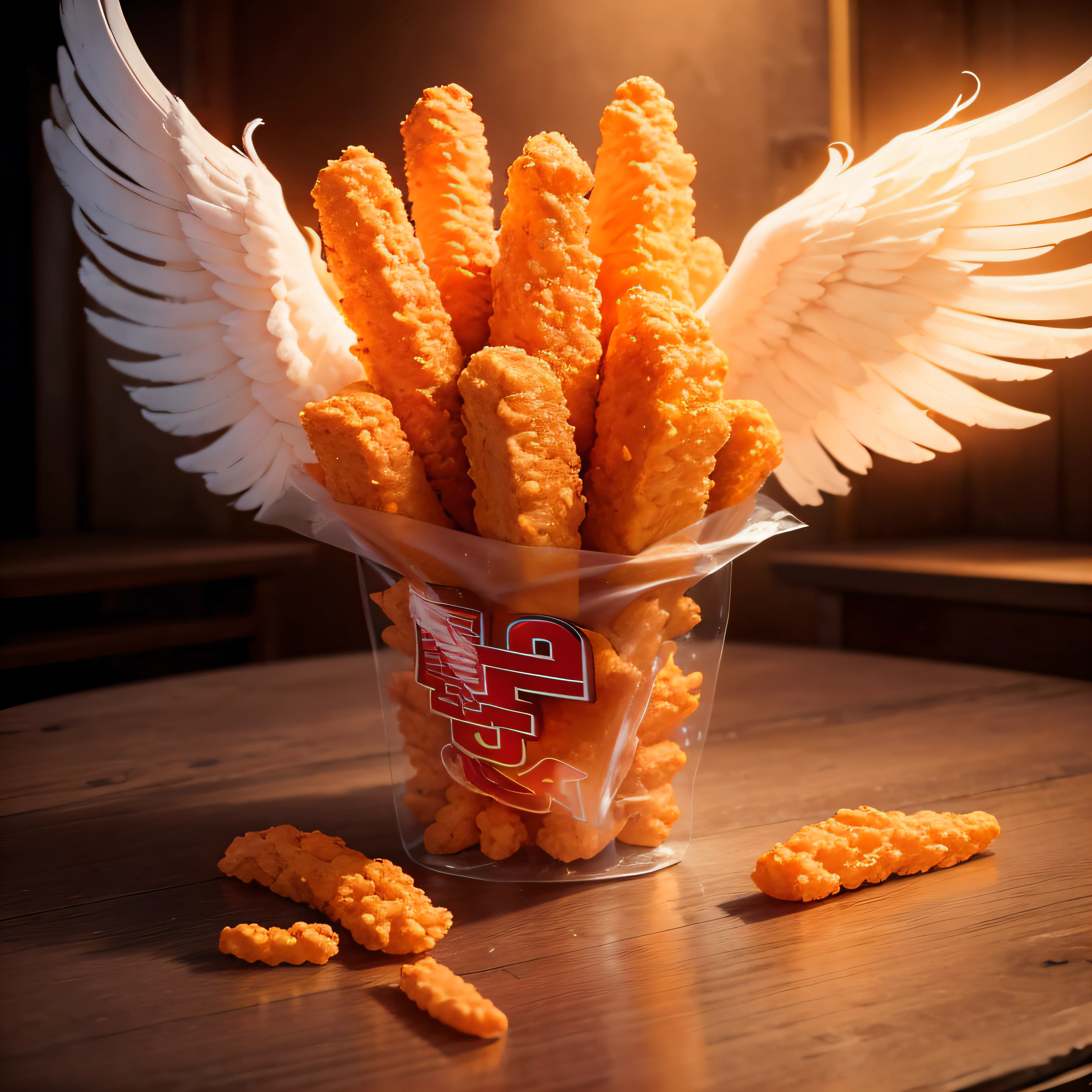 A bag of cheetos, grand angelic wings, worship lights, detailed, high depth, comedic, realistic