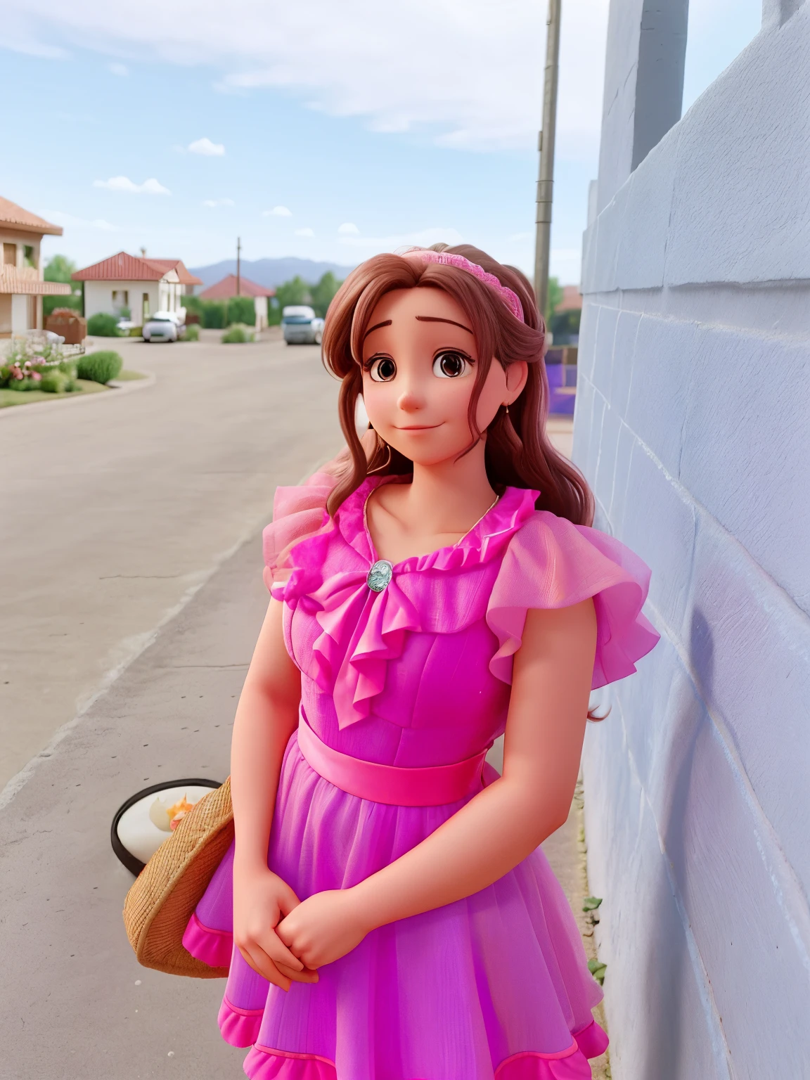 arafed woman in a pink dress standing by a wall, dressed in a pink dress, wearing a pink dress, she is about 1 6 years old, alanis guillen, karla ortiz, photo taken in 2 0 2 0, taken in the early 2020s, by Teresa Fasolino, violet myers, very very low quality picture
